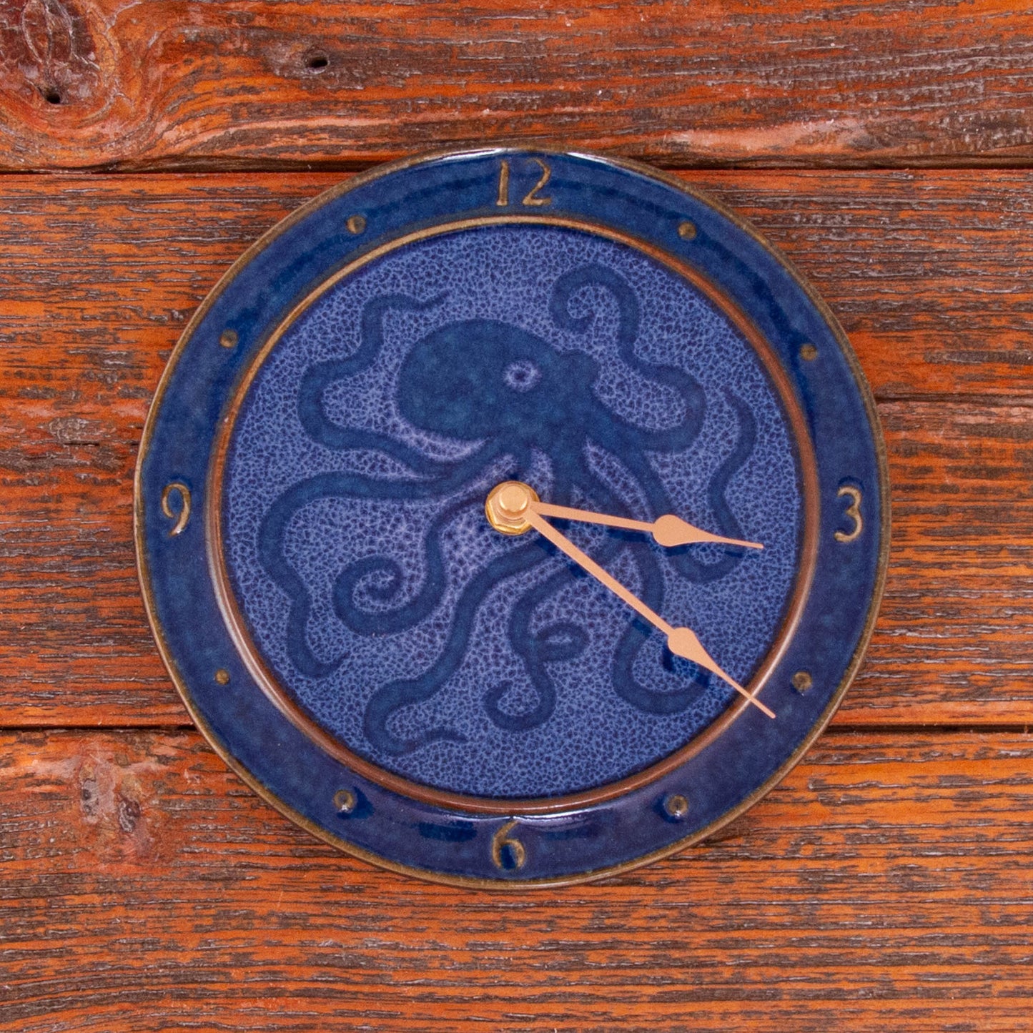 Handmade Pottery Nor'easter Clock in Blue Octopus pattern made by Georgetown Pottery in Maine
