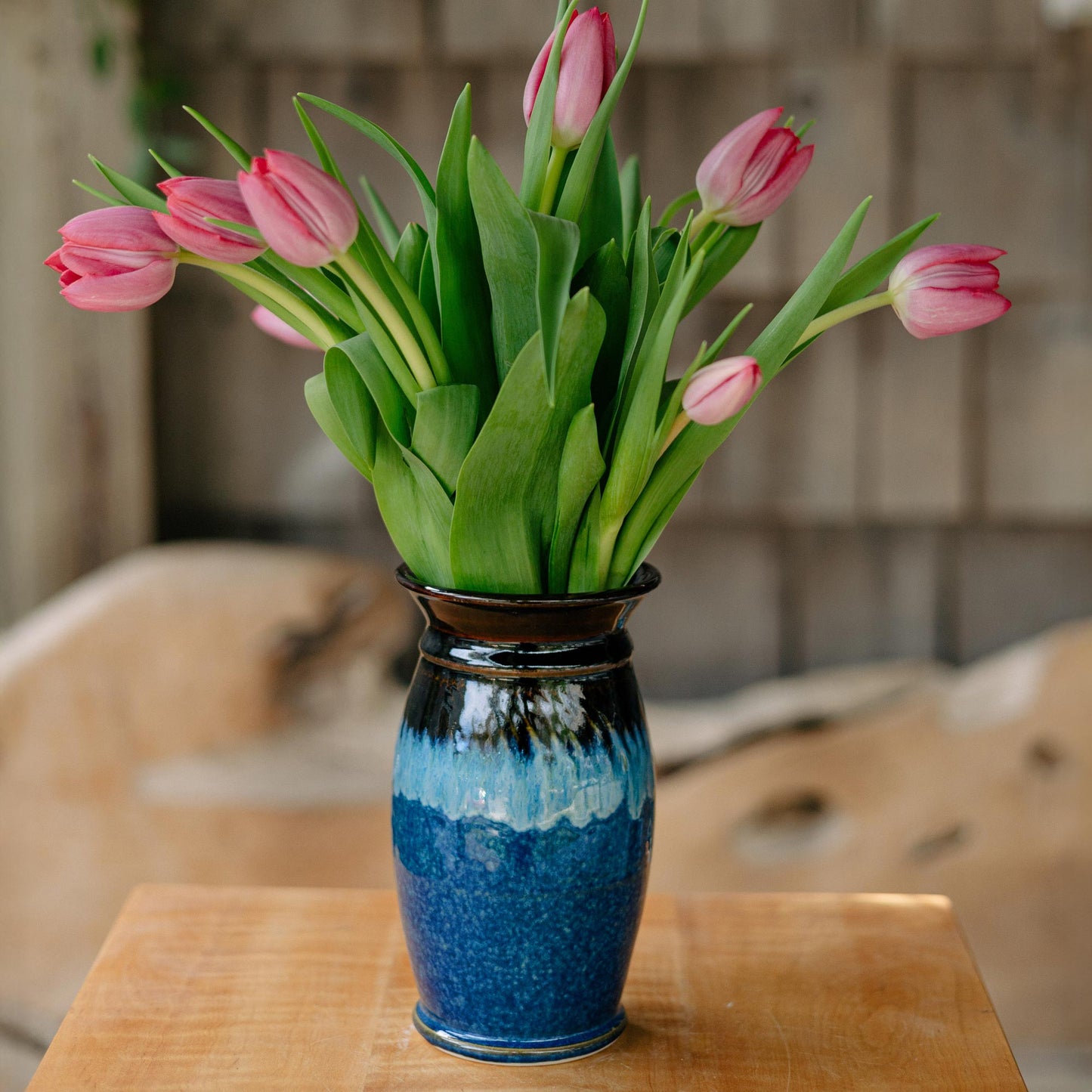 Handmade Garden Vase in Blue Hamada pattern made by Georgetown Pottery in Maine