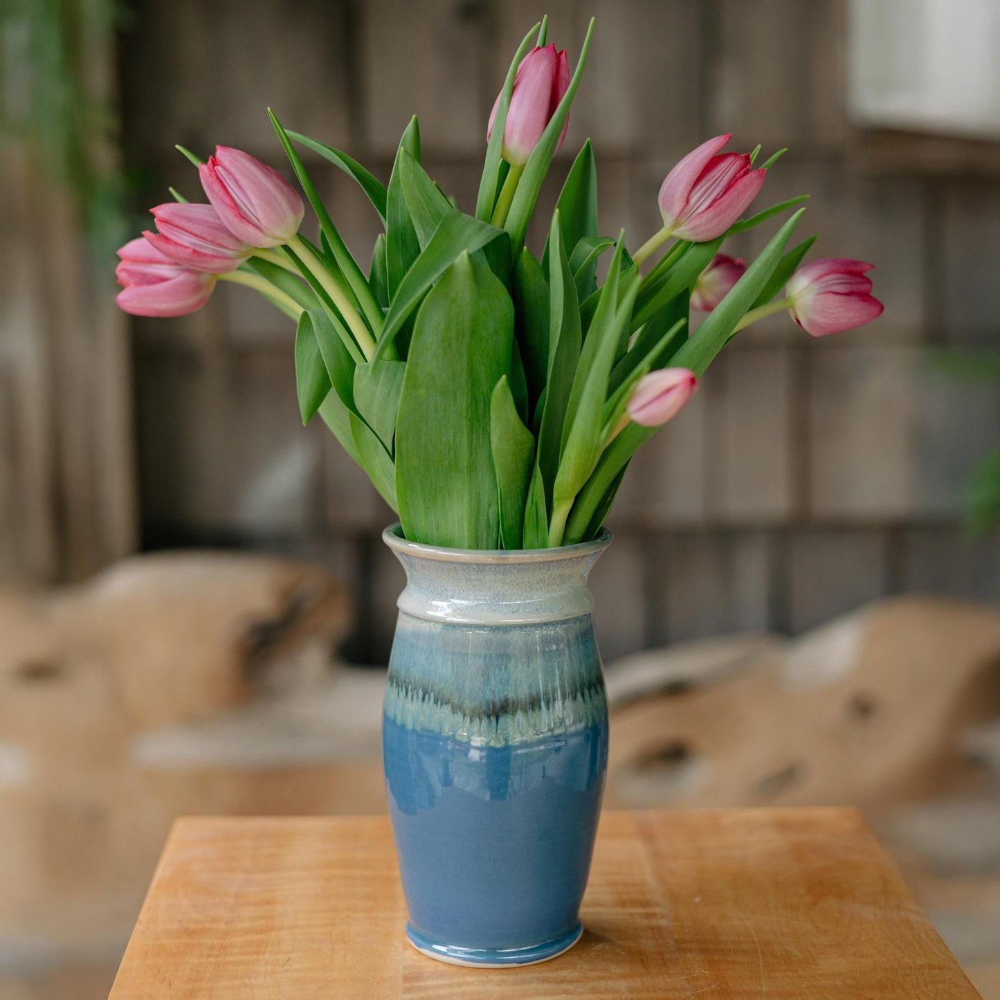 Handmade Garden Vase in Blue Oribe pattern made by Georgetown Pottery in Maine