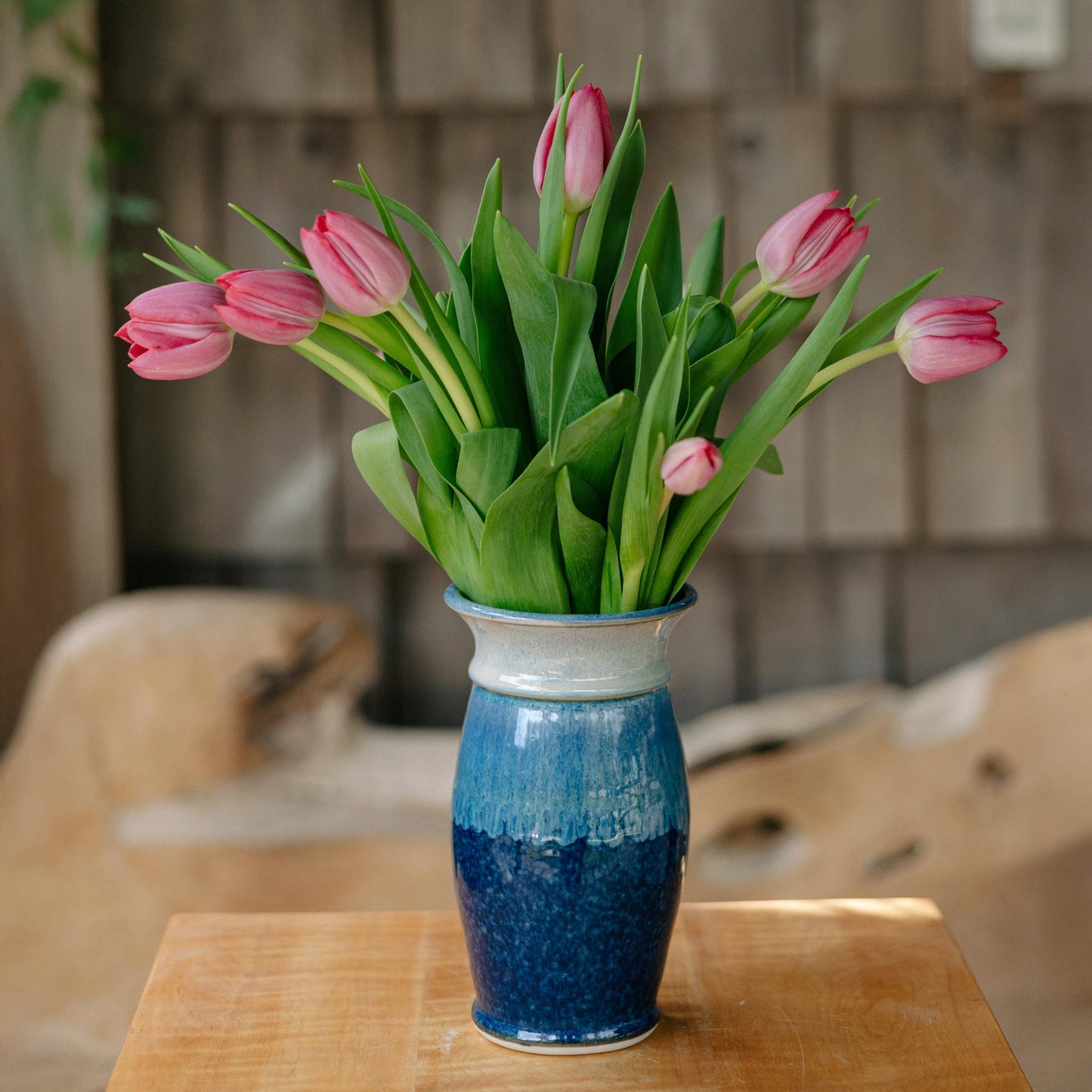Handmade Garden Vase in Cobalt and Purple pattern made by Georgetown Pottery in Maine
