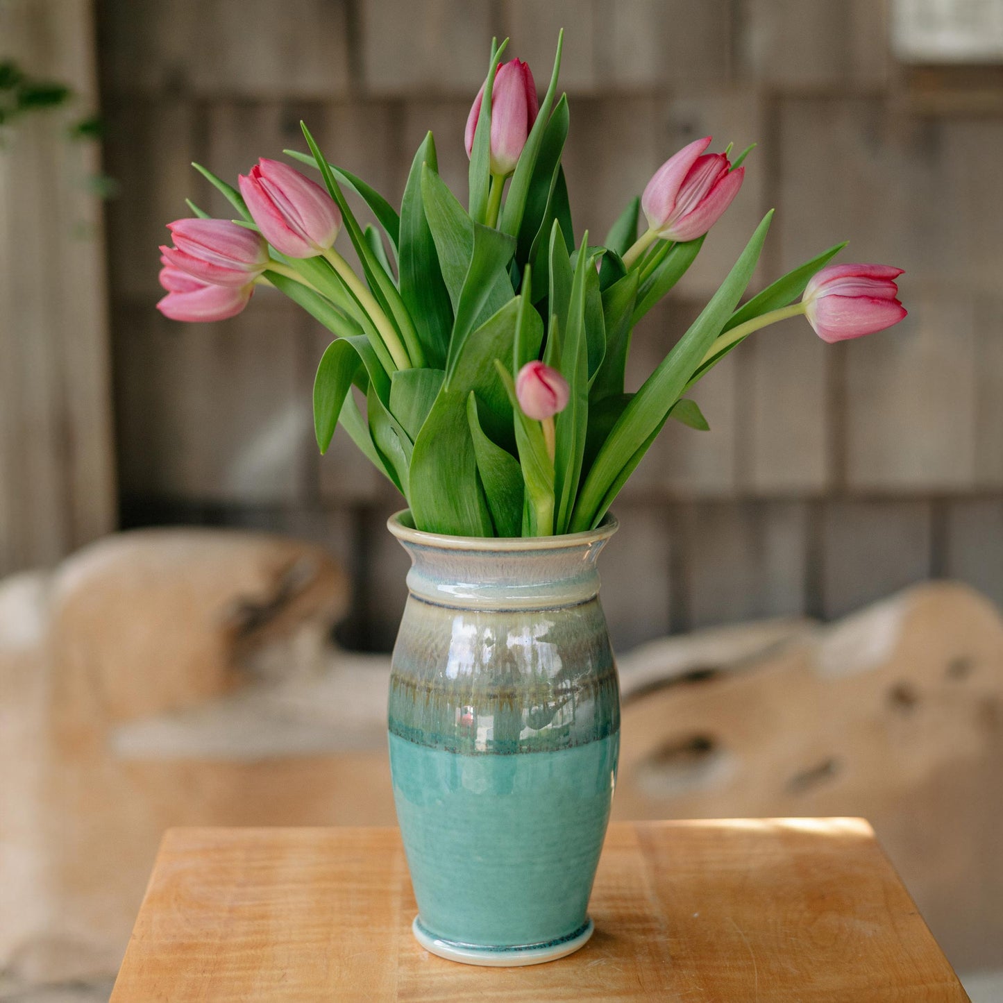 Handmade Garden Vase in Green Oribe and Purple pattern made by Georgetown Pottery in Maine