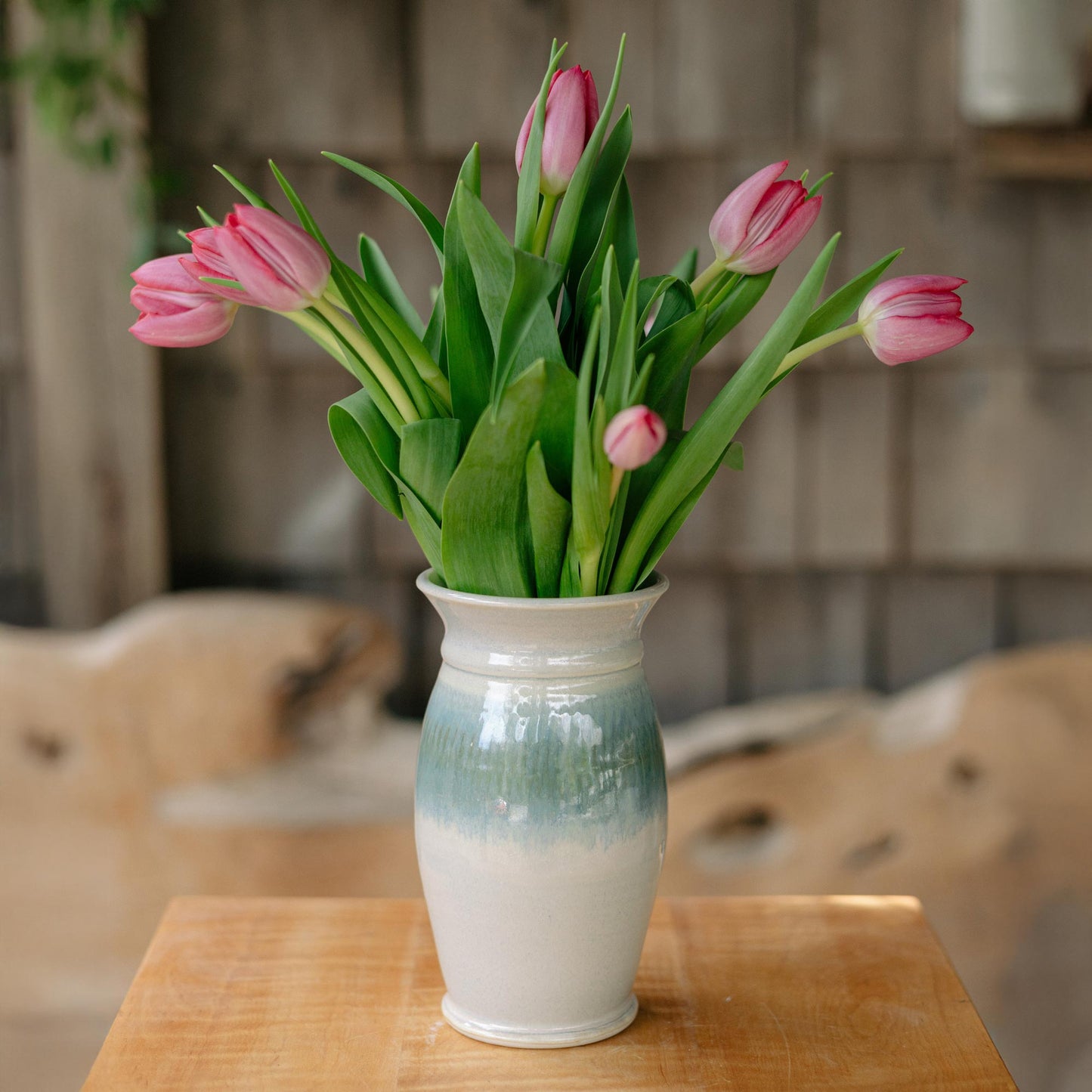 Handmade Garden Vase in Ivory and Blue pattern made by Georgetown Pottery in Maine
