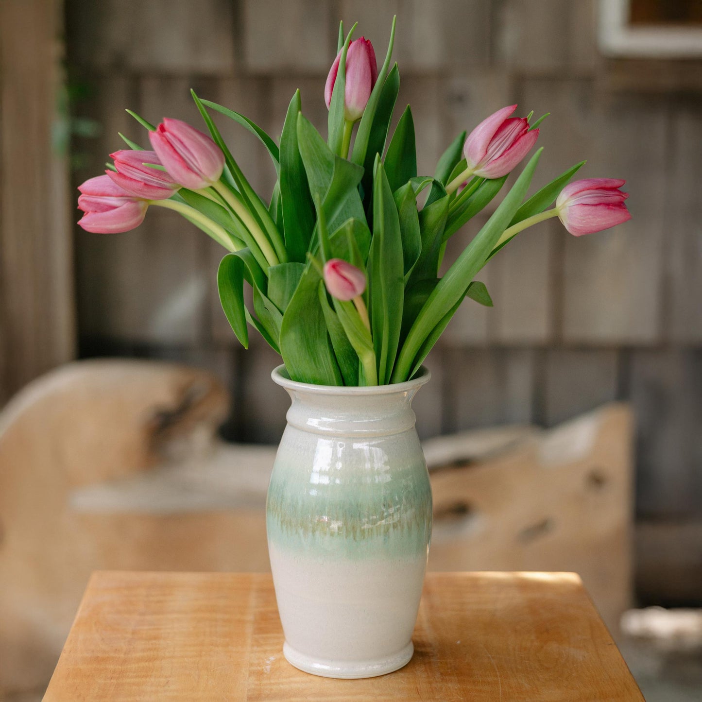 Handmade Garden Vase in Ivory and Green pattern made by Georgetown Pottery in Maine