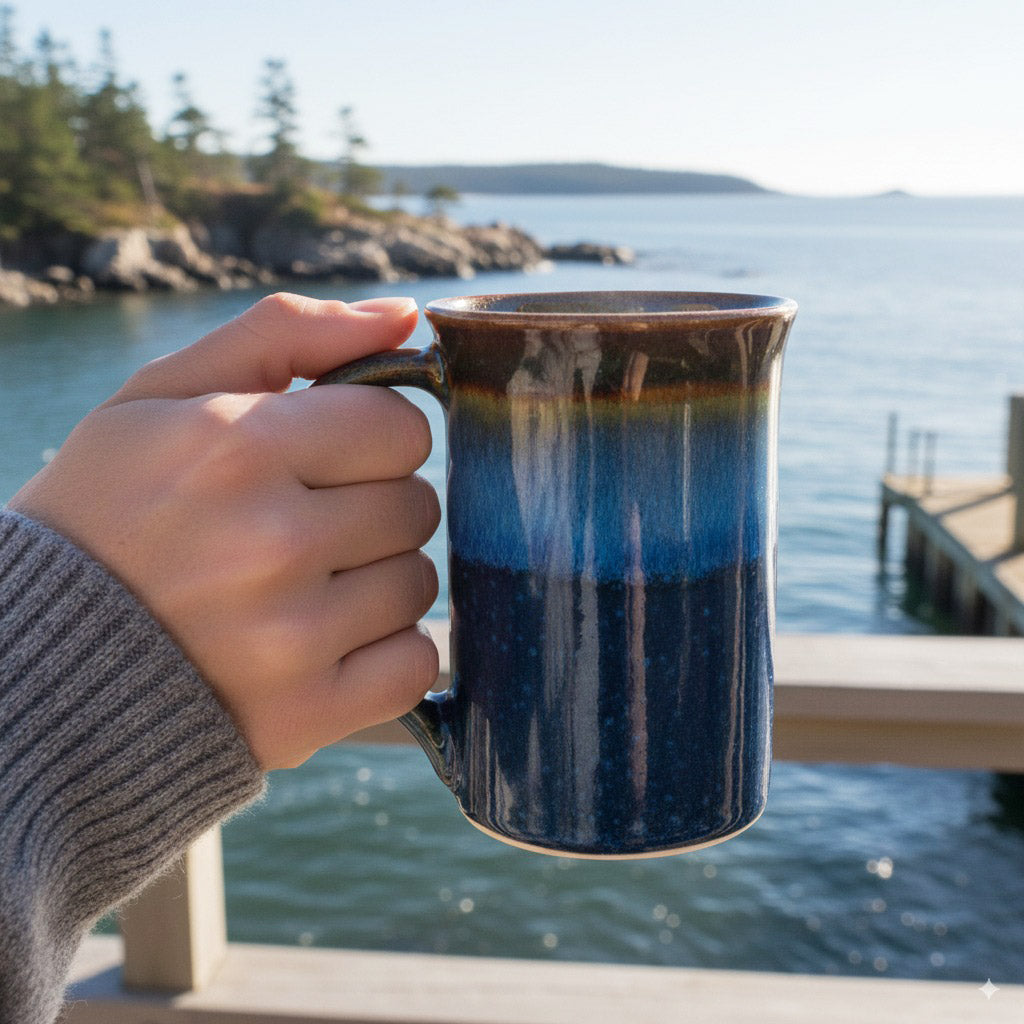 Handmade Pottery Large Coffee Mug with Maine harbor in the background