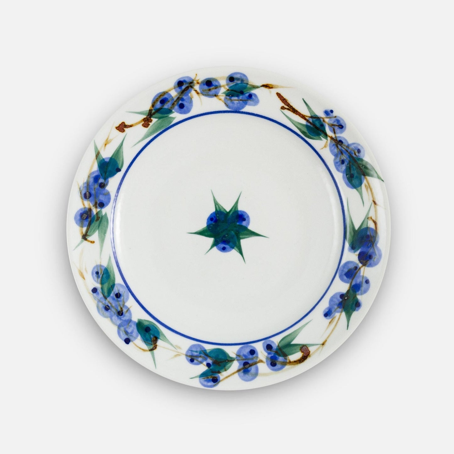 Handmade Pottery Rimless Dessert Plate made by Georgetown Pottery in Maine in Blueberry pattern