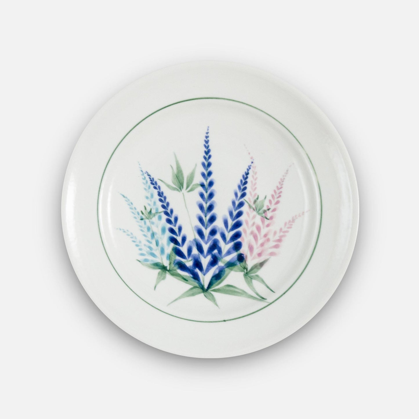 Handmade Pottery Rimless Dinner Plate made by Georgetown Pottery in Maine in Lupine pattern