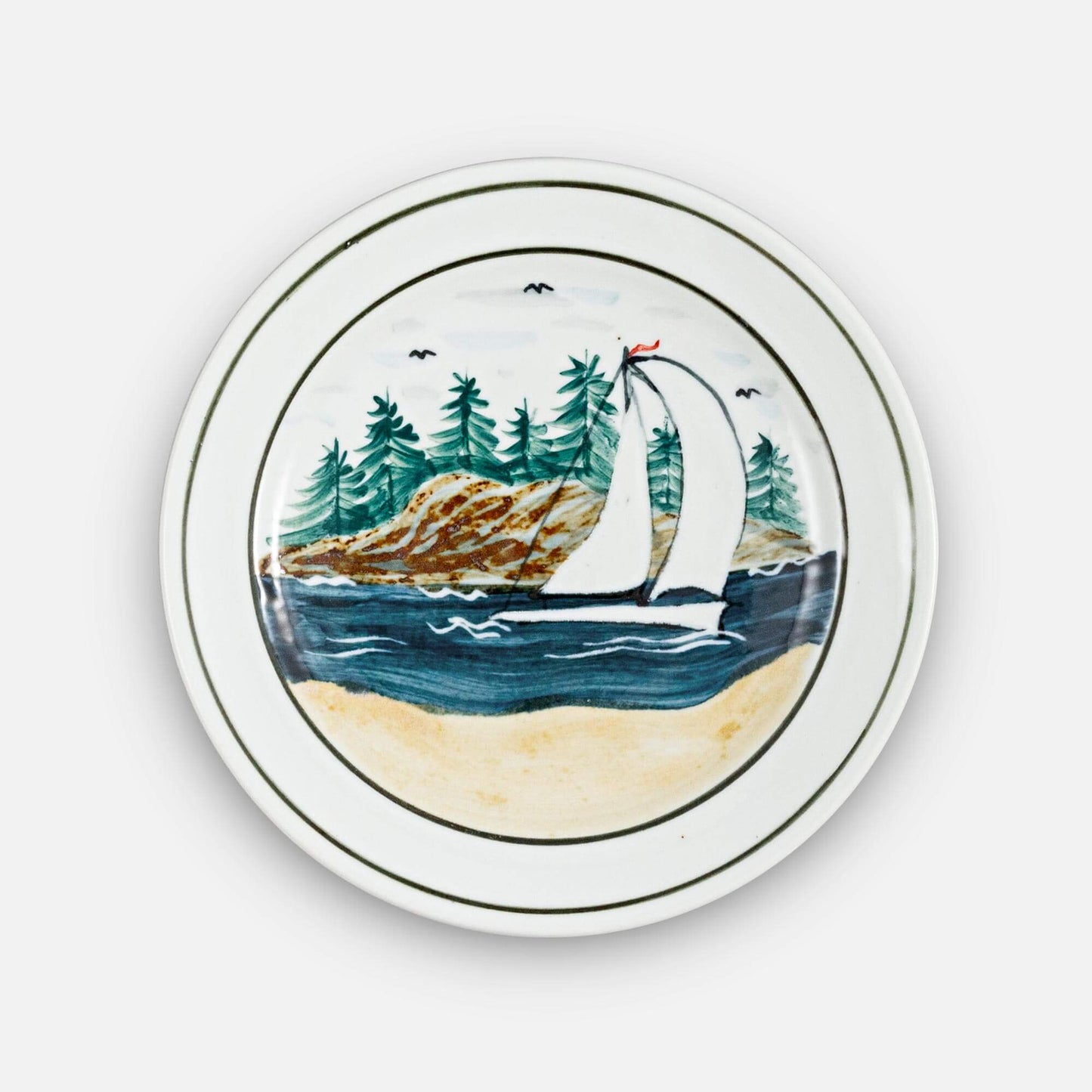 Handmade Pottery Footed Dinner Plate in Sailboat pattern made by Georgetown Pottery in Maine