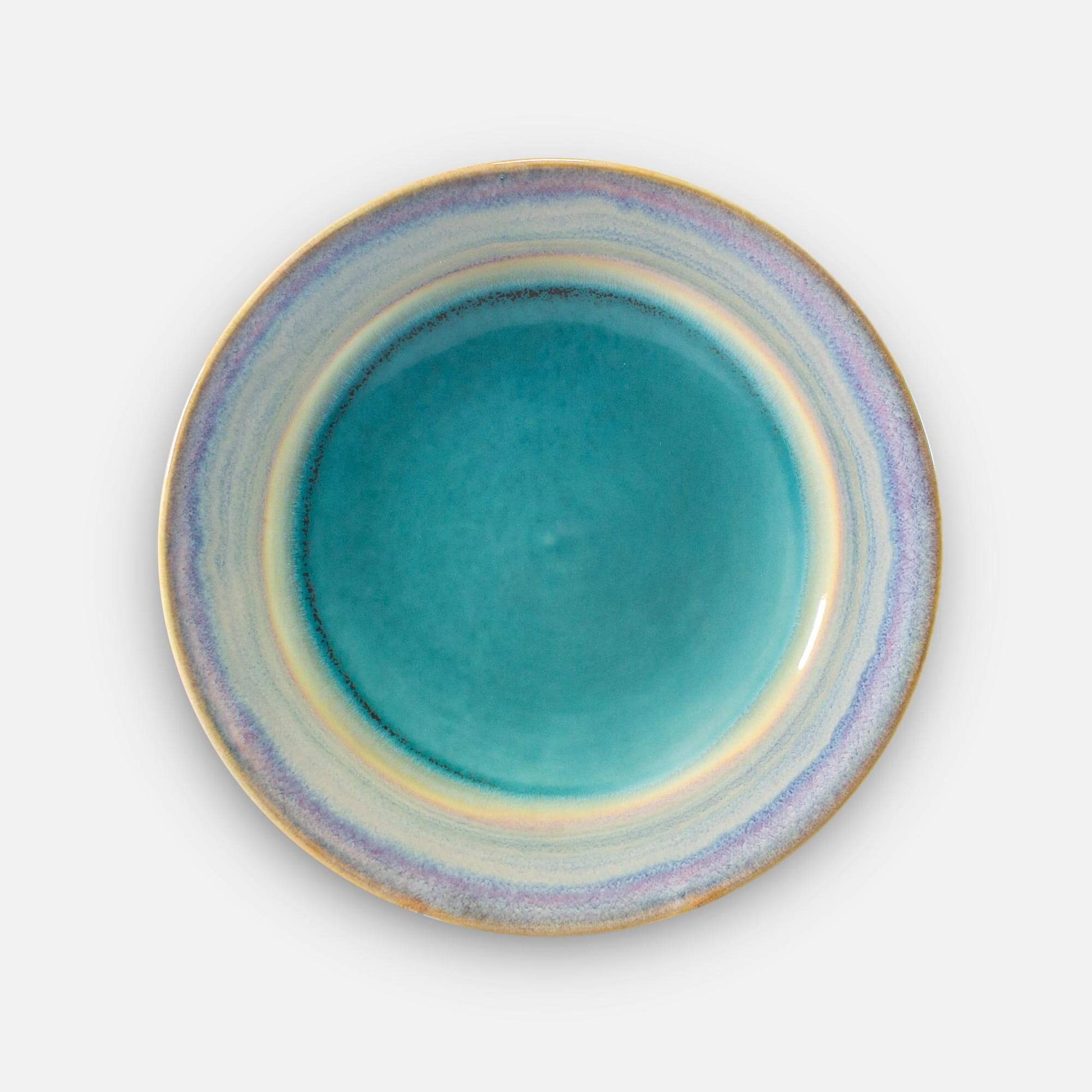 Handmade Pottery Footed Dinner Plate in Green Oribe pattern made by Georgetown Pottery in Maine