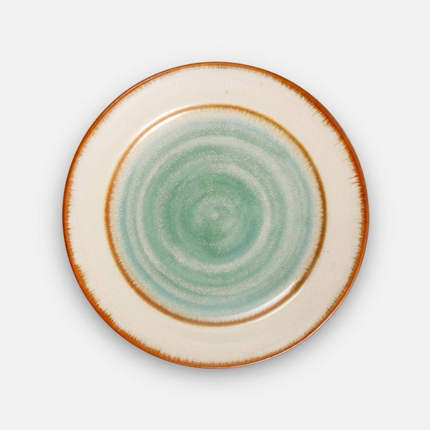 Handmade Pottery Footed Dinner Plate in Ivory & Green pattern made by Georgetown Pottery in Maine