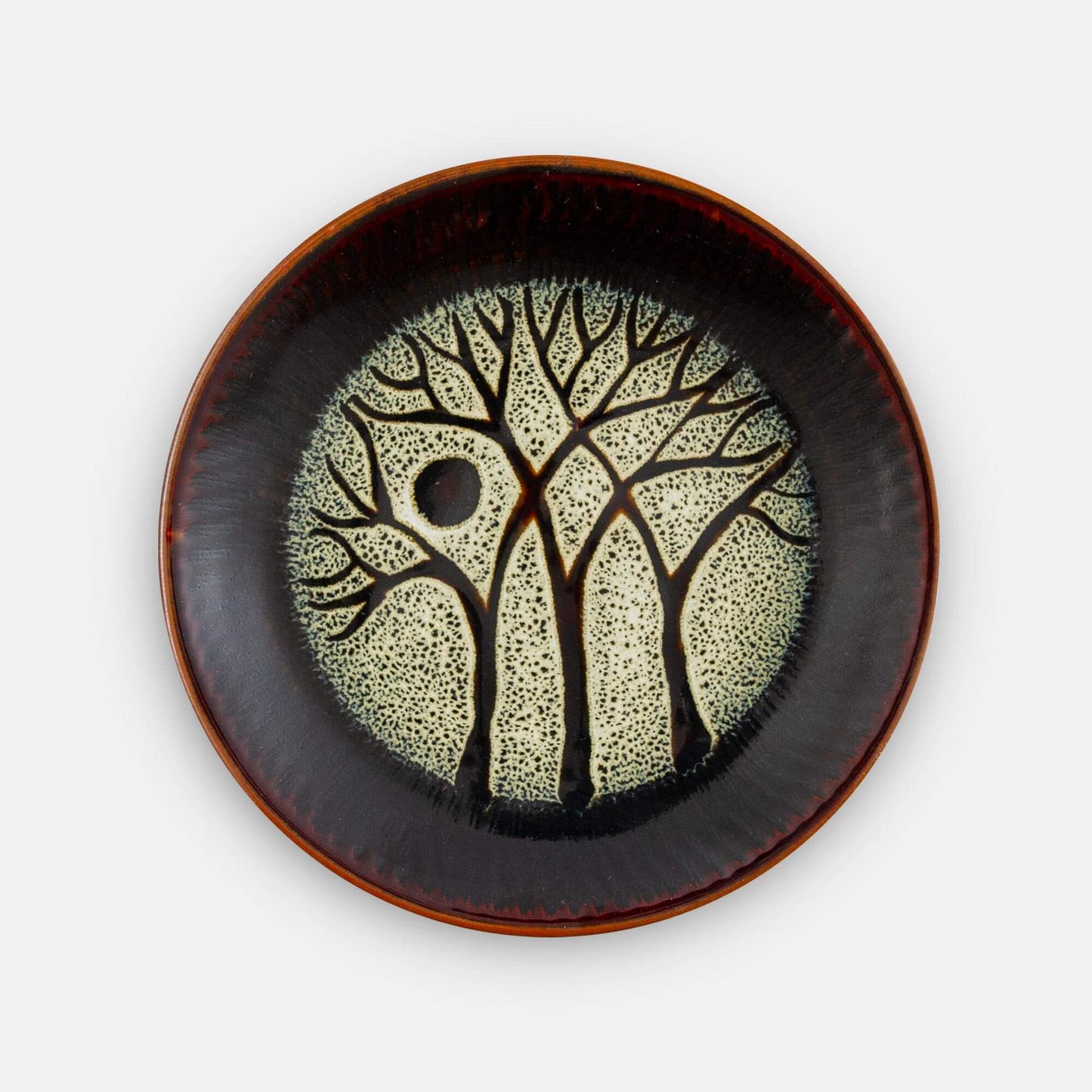 Handmade Pottery Rimless Dessert Plate made by Georgetown Pottery in Maine in Hamada Tree Pattern