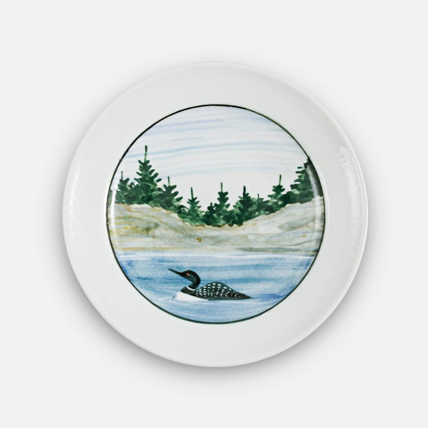 Handmade Pottery Footed Dessert Plate in Loon pattern made by Georgetown Pottery in Maine