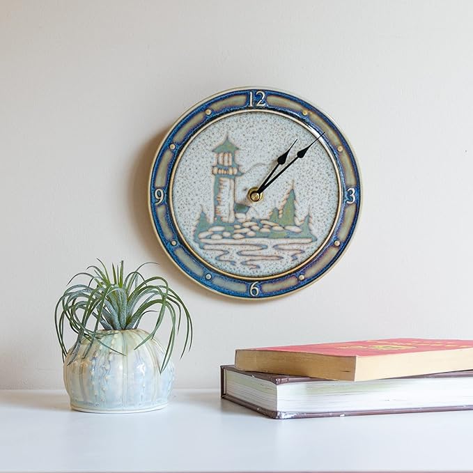 Handmade Pottery Nor'easter Clock in Purple Lighthouse pattern made by Georgetown Pottery in Maine