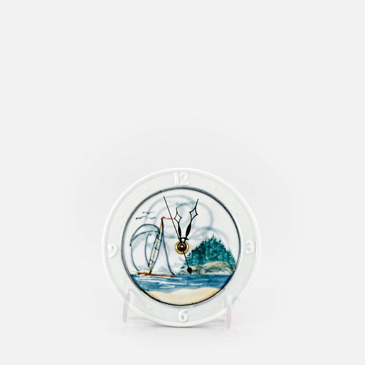 Handmade Pottery Small Clock w/ Stand in Sailboat pattern made by Georgetown Pottery in Maine