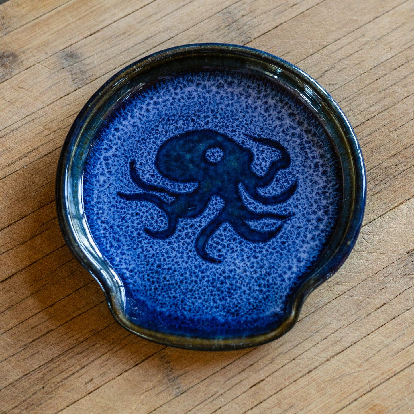 Handmade ceramic Spoon Rest in Blue Octopus pattern made by Georgetown Pottery in Maine