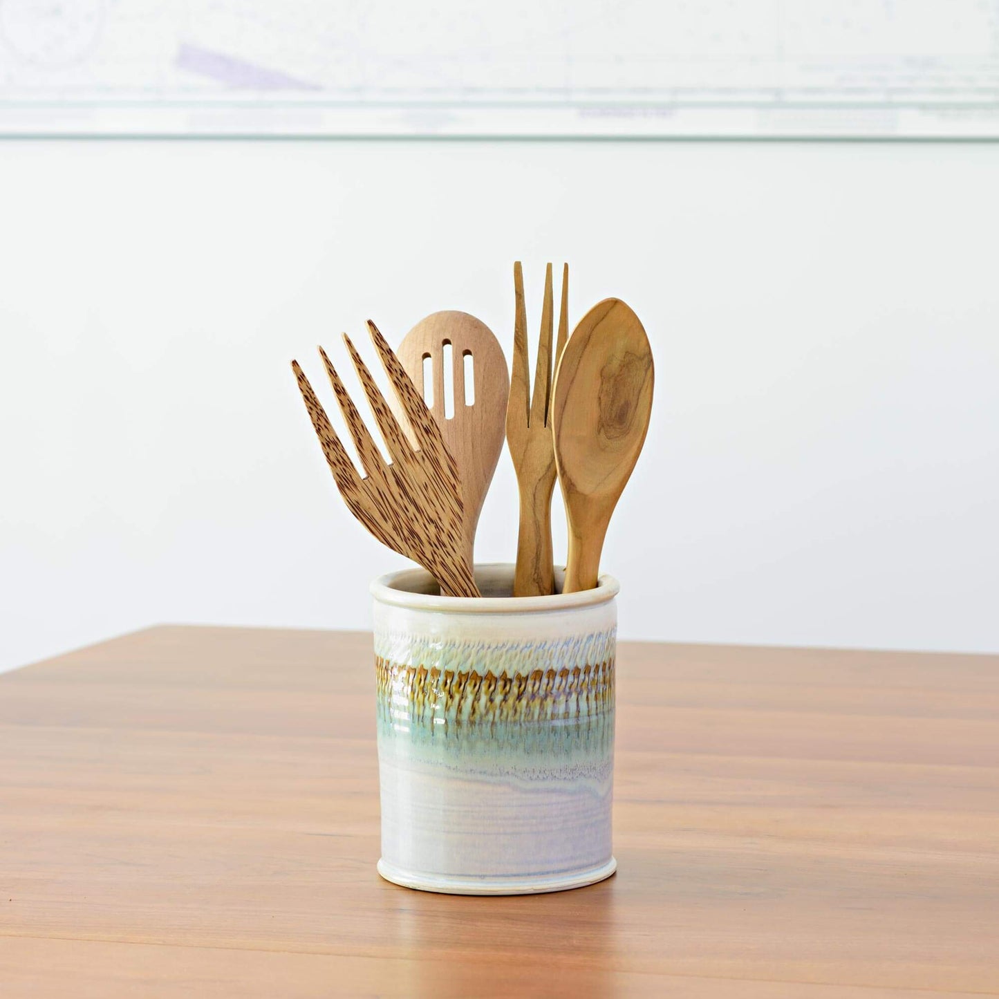  Handmade Pottery Utensil Holder in Ivory & Green Oribe pattern made by Georgetown Pottery in Maine