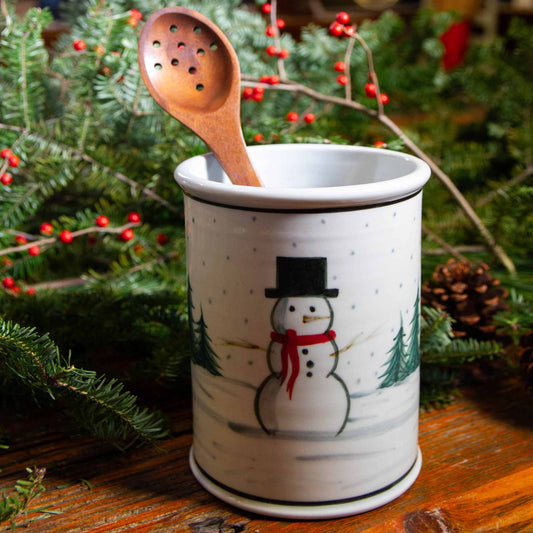 Pairing - Utensil Holder w/ Maine-Made Wooden Spoon in Brushwork Snowman