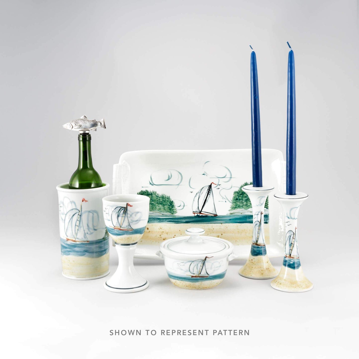 Handmade Pottery Soap & Lotion Dispenser in Sailboat pattern made by Georgetown Pottery in Maine