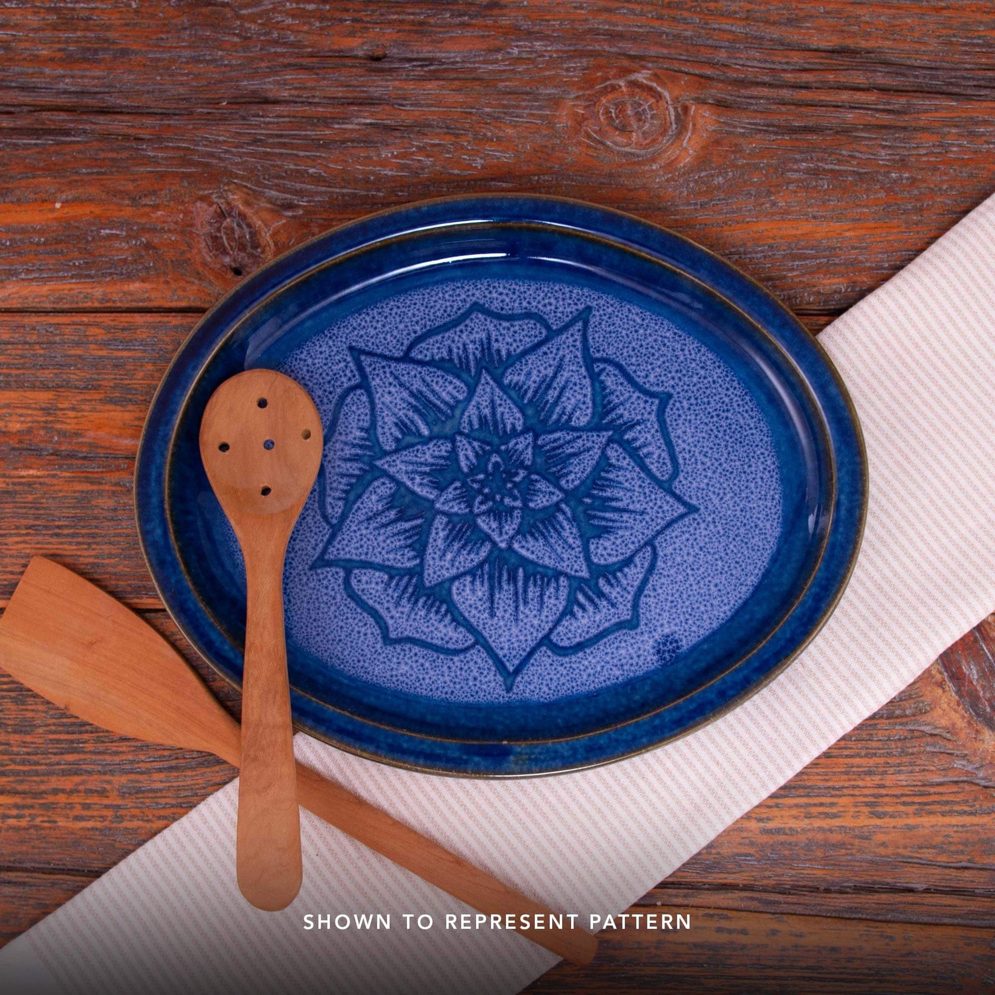 Handmade Pottery Harvest Bowl in Blue Celtic Flower pattern made by Georgetown Pottery in Maine