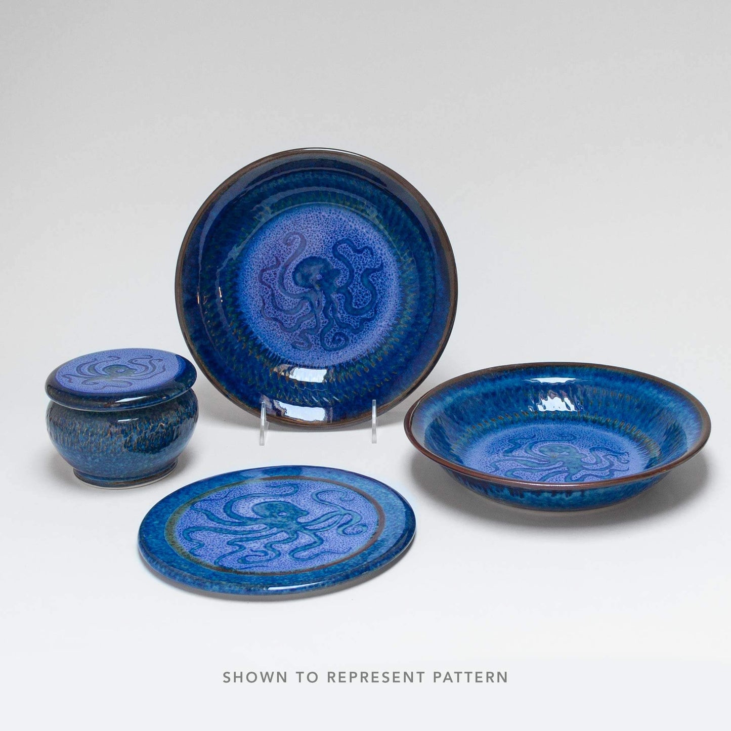 Handmade Pottery Trivet in Blue Octopus pattern made by Georgetown Pottery in Maine