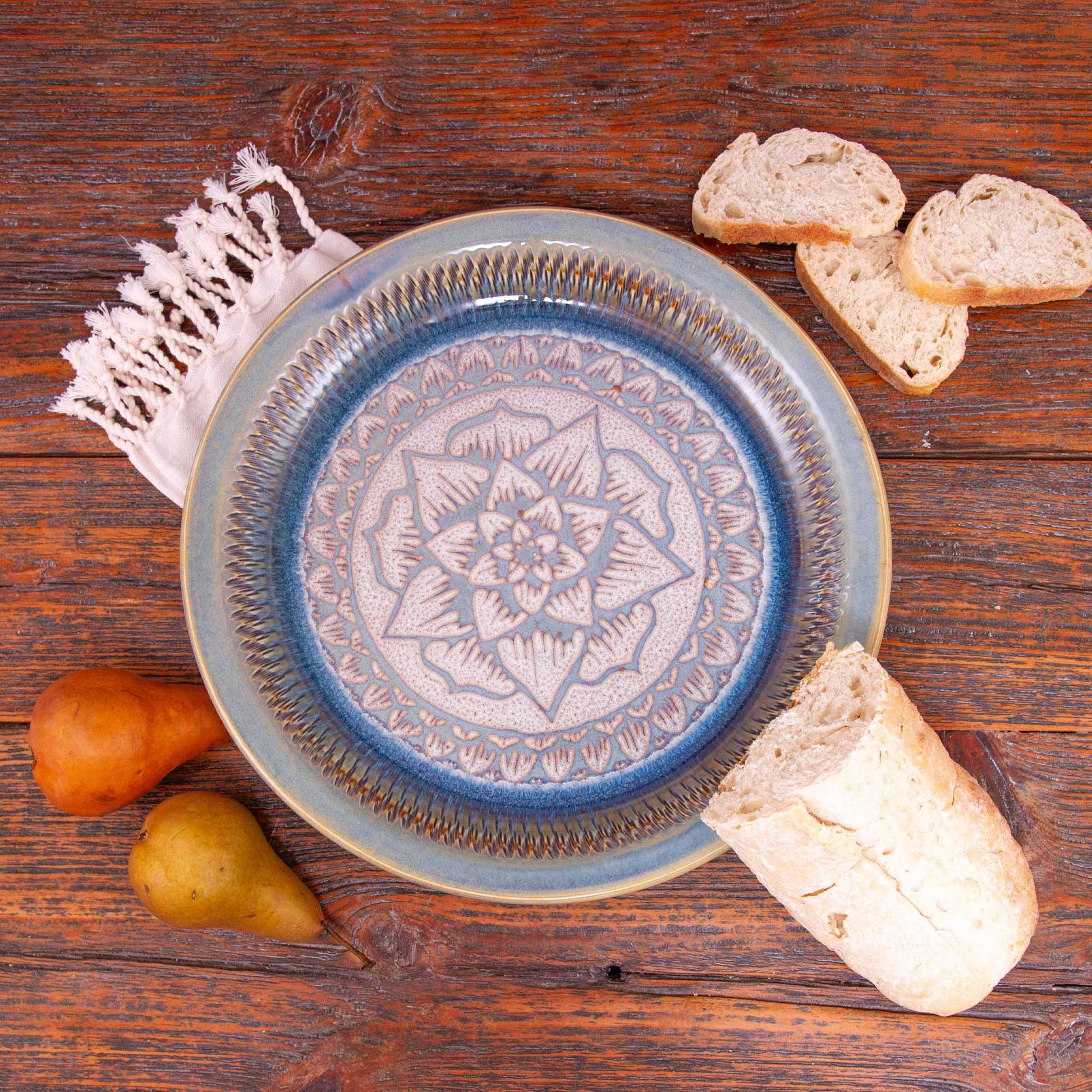 Handmade Pottery 14" Round Platter in Purple Celtic Flower pattern made by Georgetown Pottery in Maine