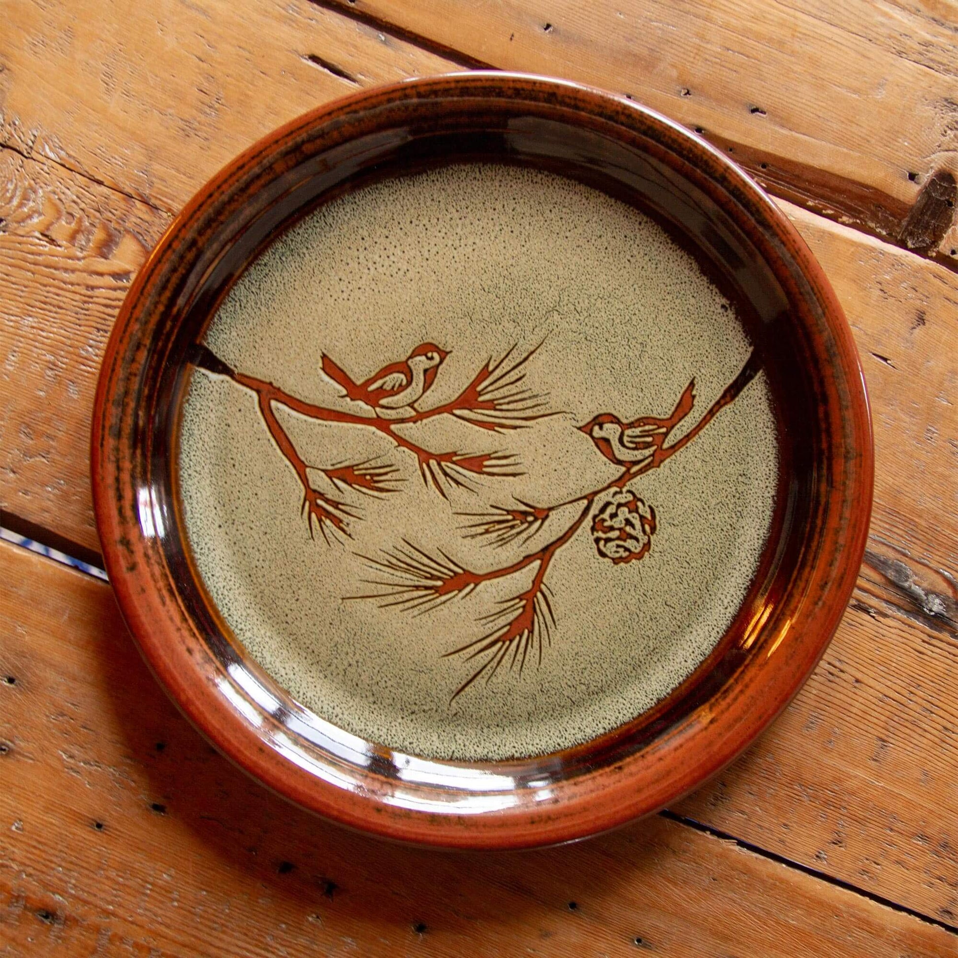 Handmade Pottery 14" Round Platter in Hamada Chickadee pattern made by Georgetown Pottery in Maine