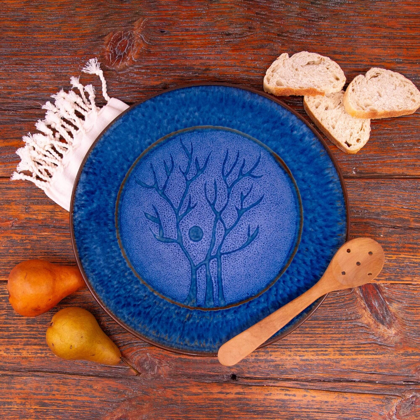  Handmade Pottery 15" Rimless Platter in Blue Tree pattern made by Georgetown Pottery in Maine