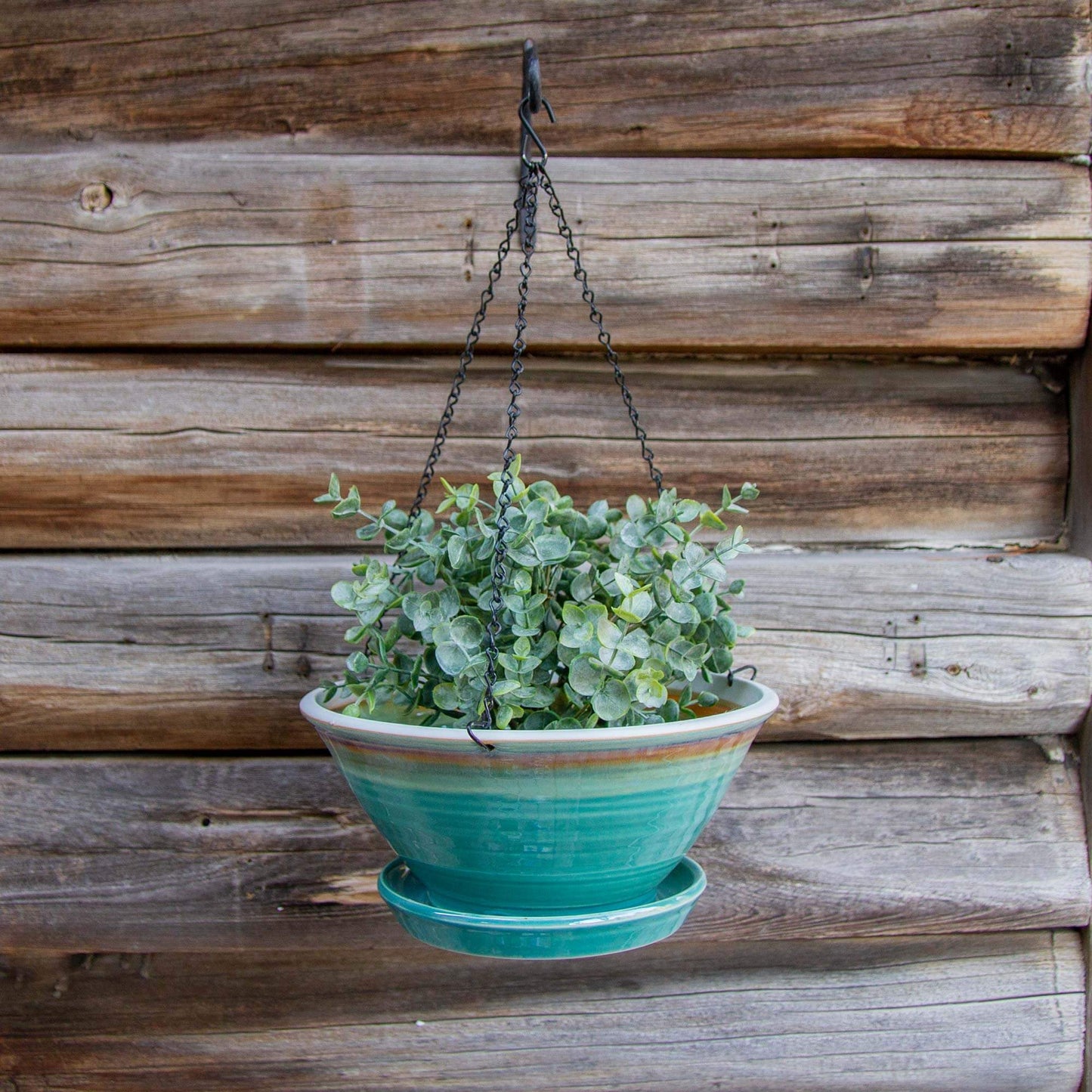 Handmade Pottery 9-1/2 Inch Hanging Planter in Green Oribe pattern made by Georgetown Pottery in Maine
