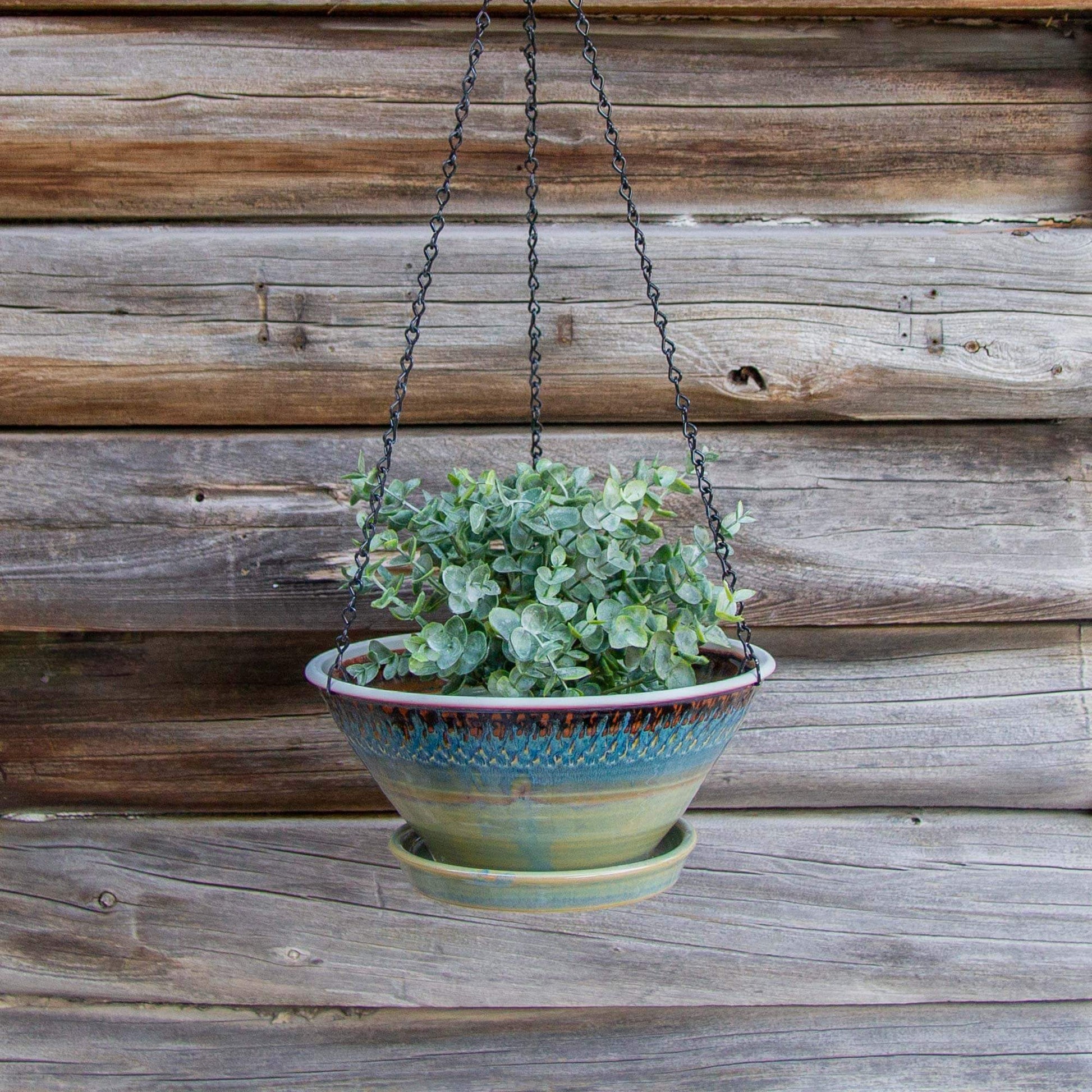 Handmade Pottery 9-1/2 Inch Hanging Planter in Purple Hamada pattern made by Georgetown Pottery in Maine