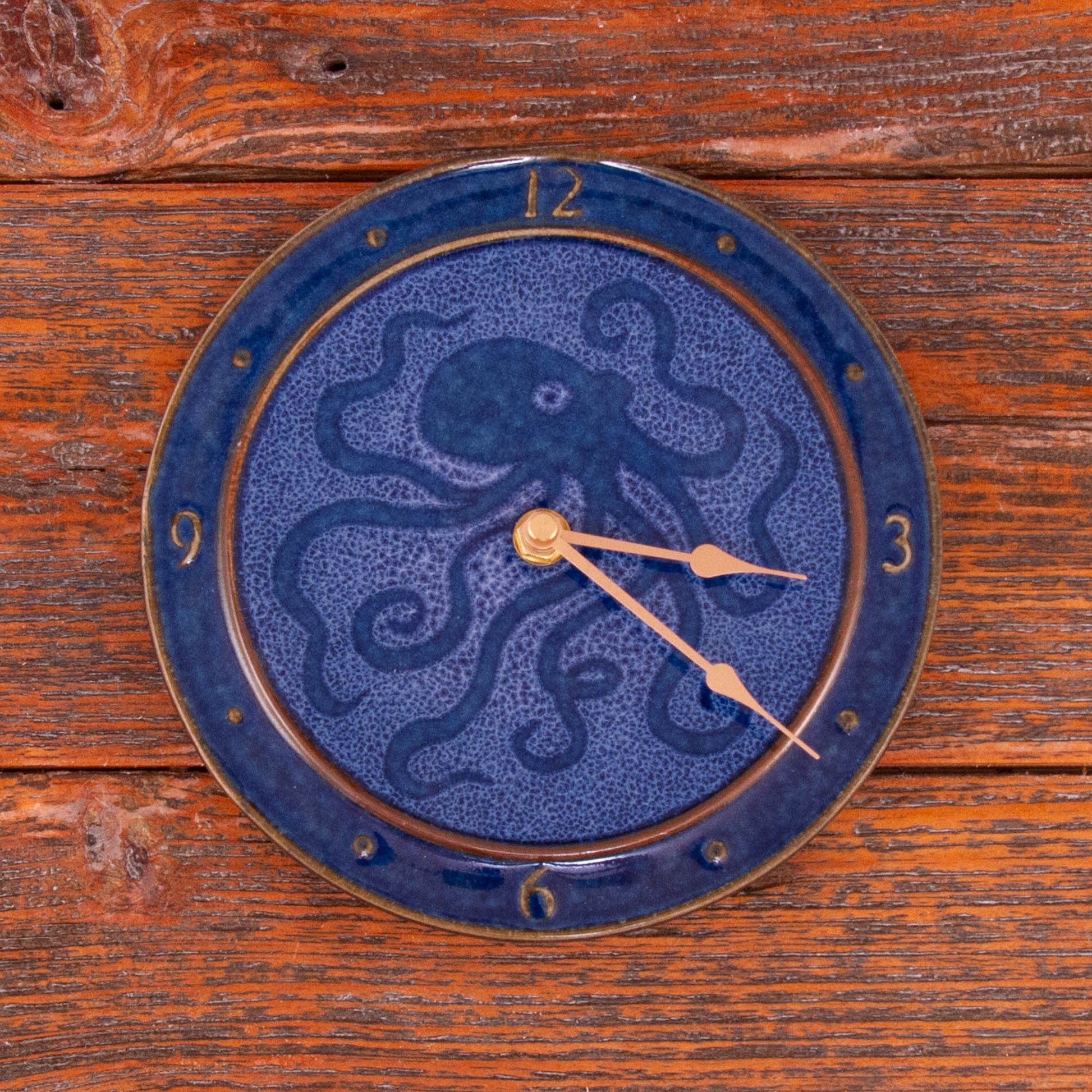 Handmade Pottery Nor'easter Clock in Blue Octopus pattern made by Georgetown Pottery in Maine