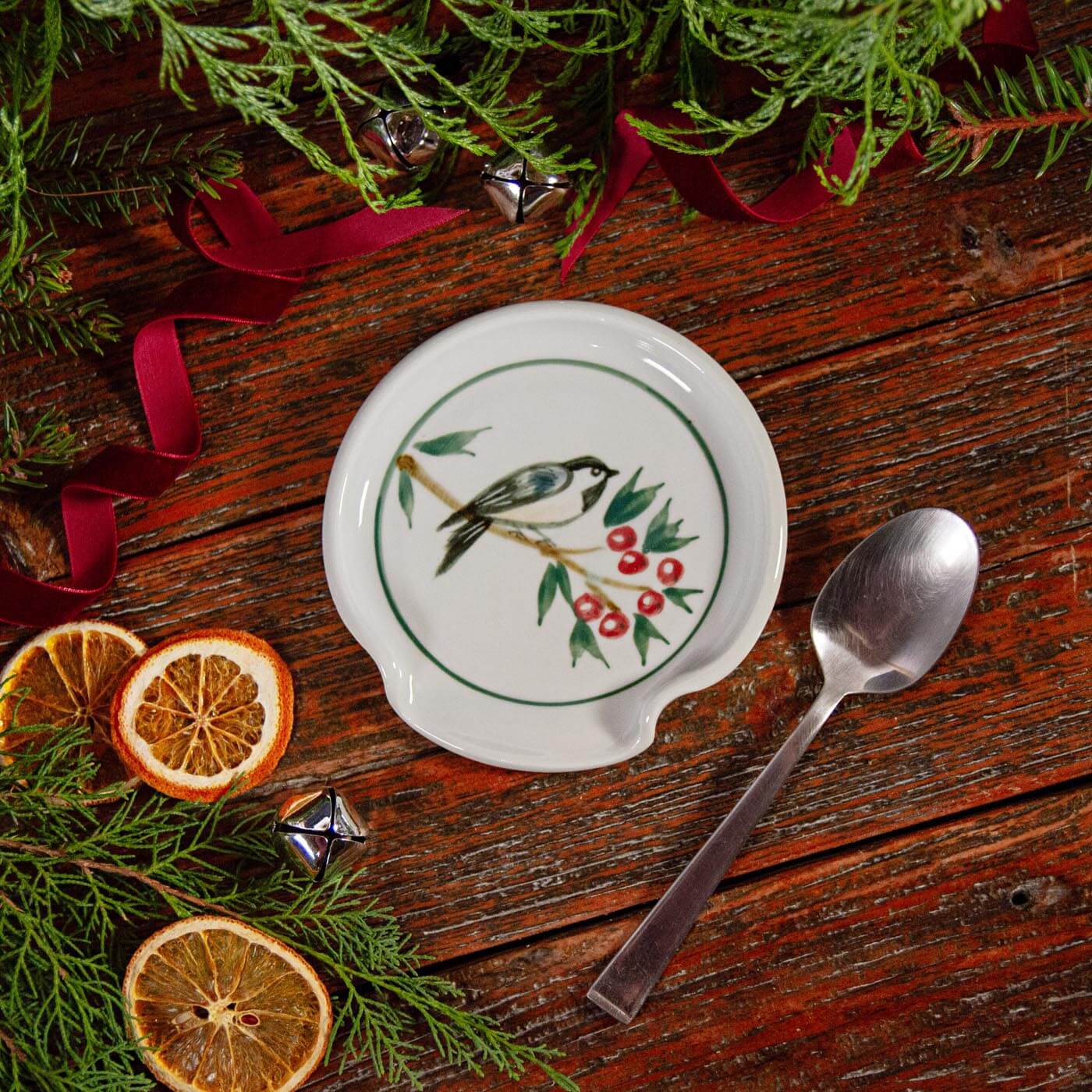 Spoonrest, Brushwork Chickadee & Winter Berry