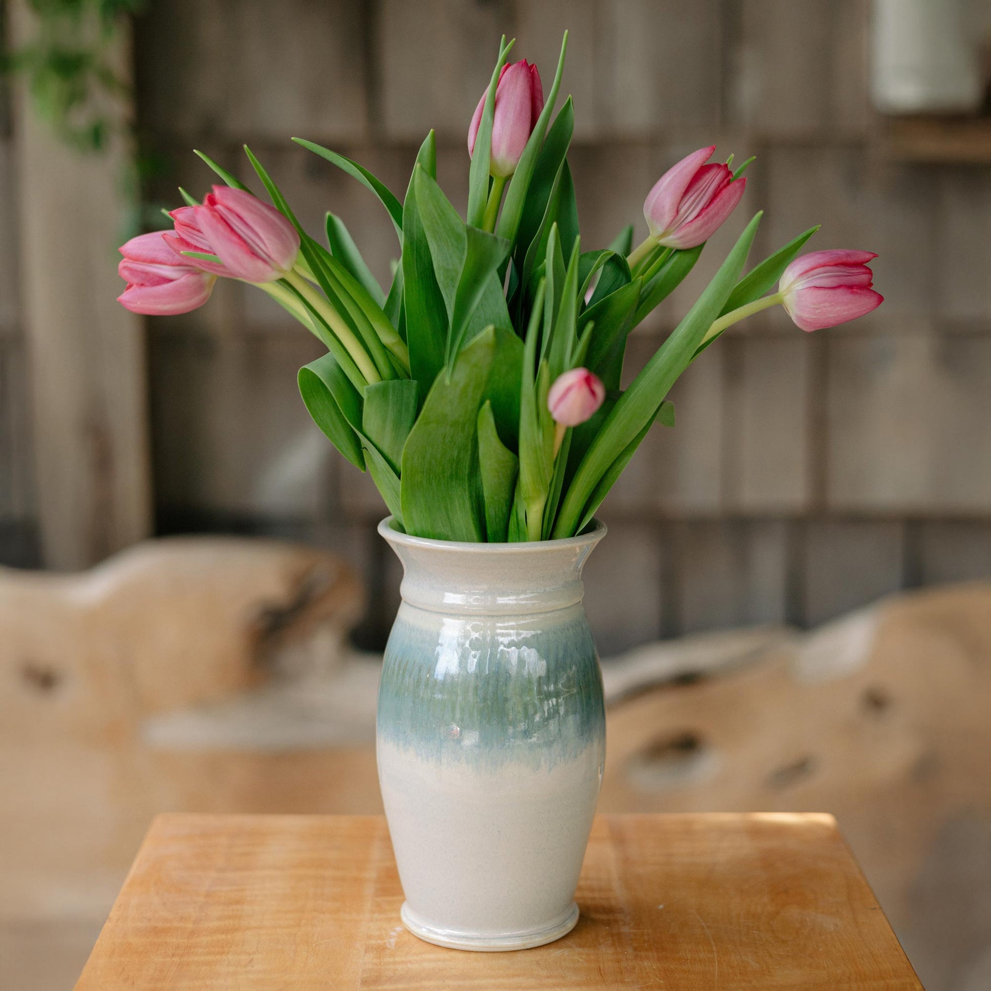 Handmade Garden Vase in Ivory Blue 
 pattern made by Georgetown Pottery in Maine 