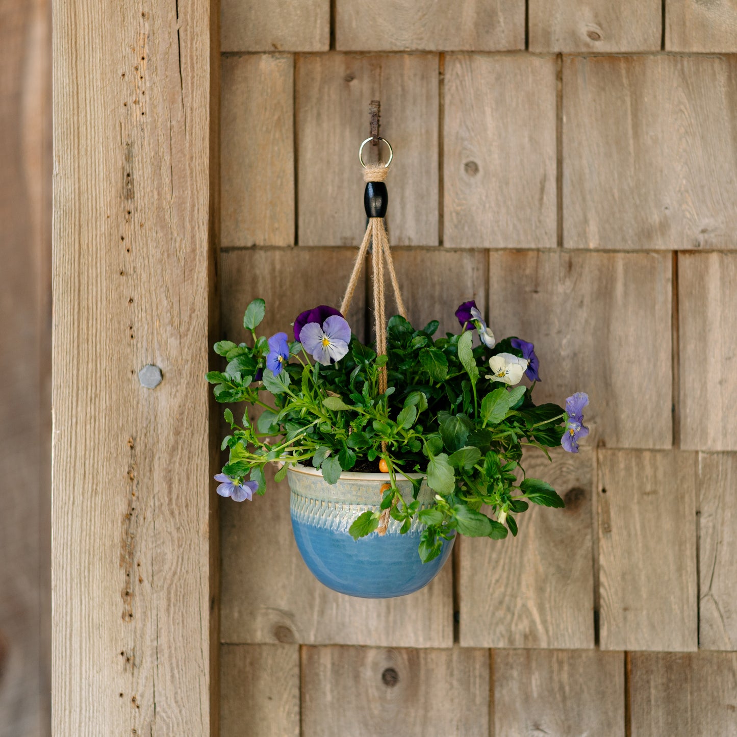 round hanging wall planter Round Hanging Planter handmade by Georgetown Pottery in Maine in Blue Hamada pattern