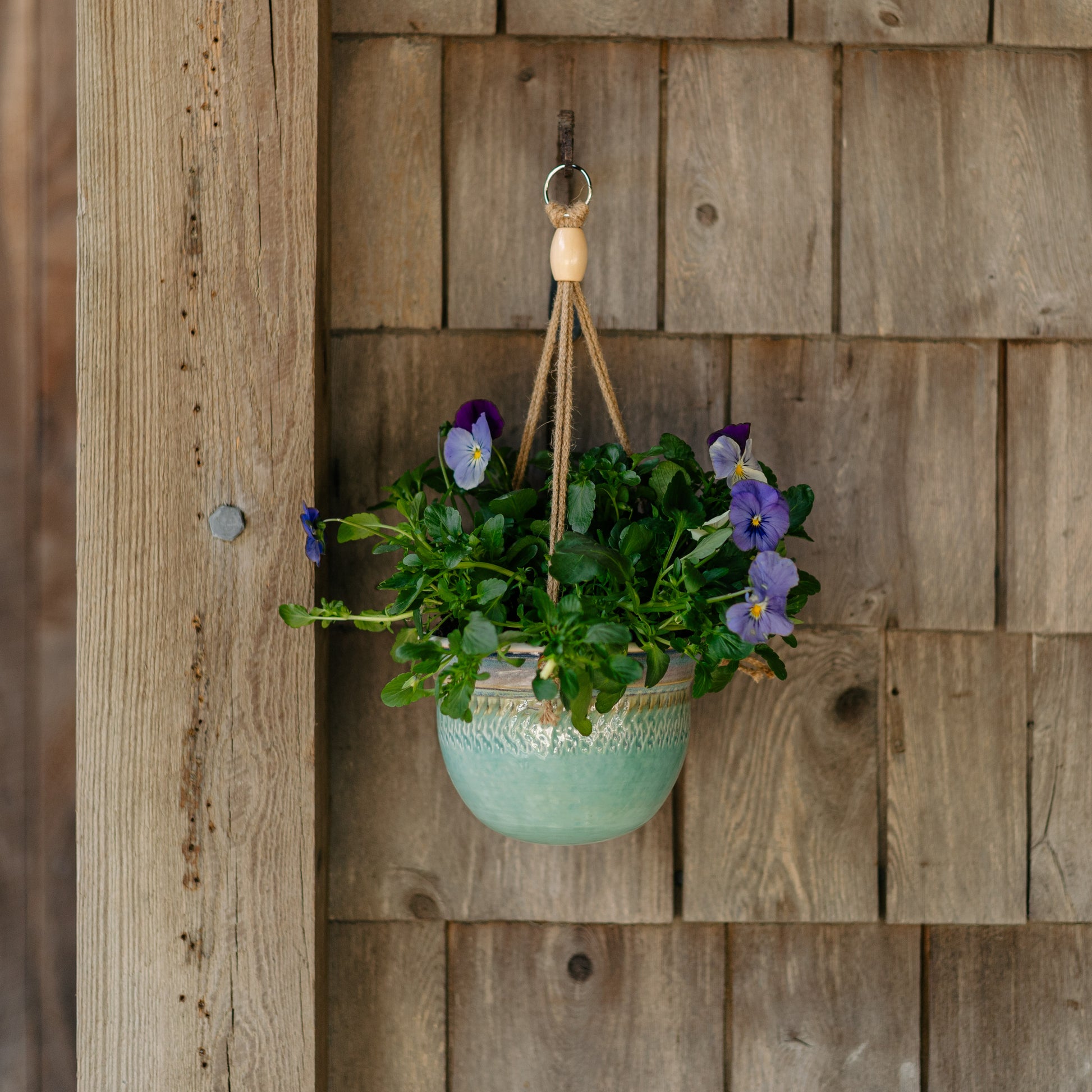 hanging pottery planter Round Hanging Planter handmade by Georgetown Pottery in Maine in Blue Hamada pattern