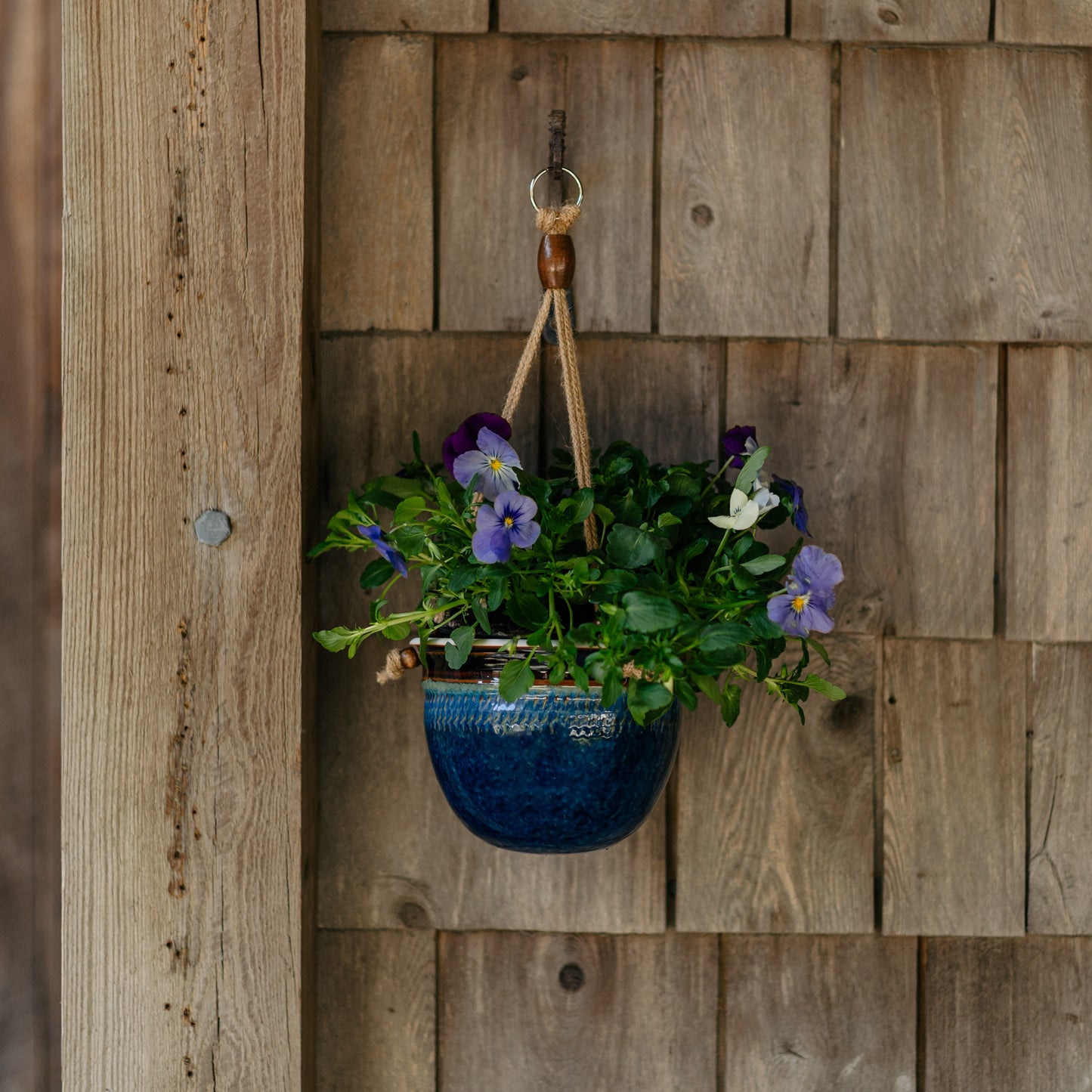 hanging planter boxes indoor Round Hanging Planter handmade by Georgetown Pottery in Maine in Blue Hamada pattern