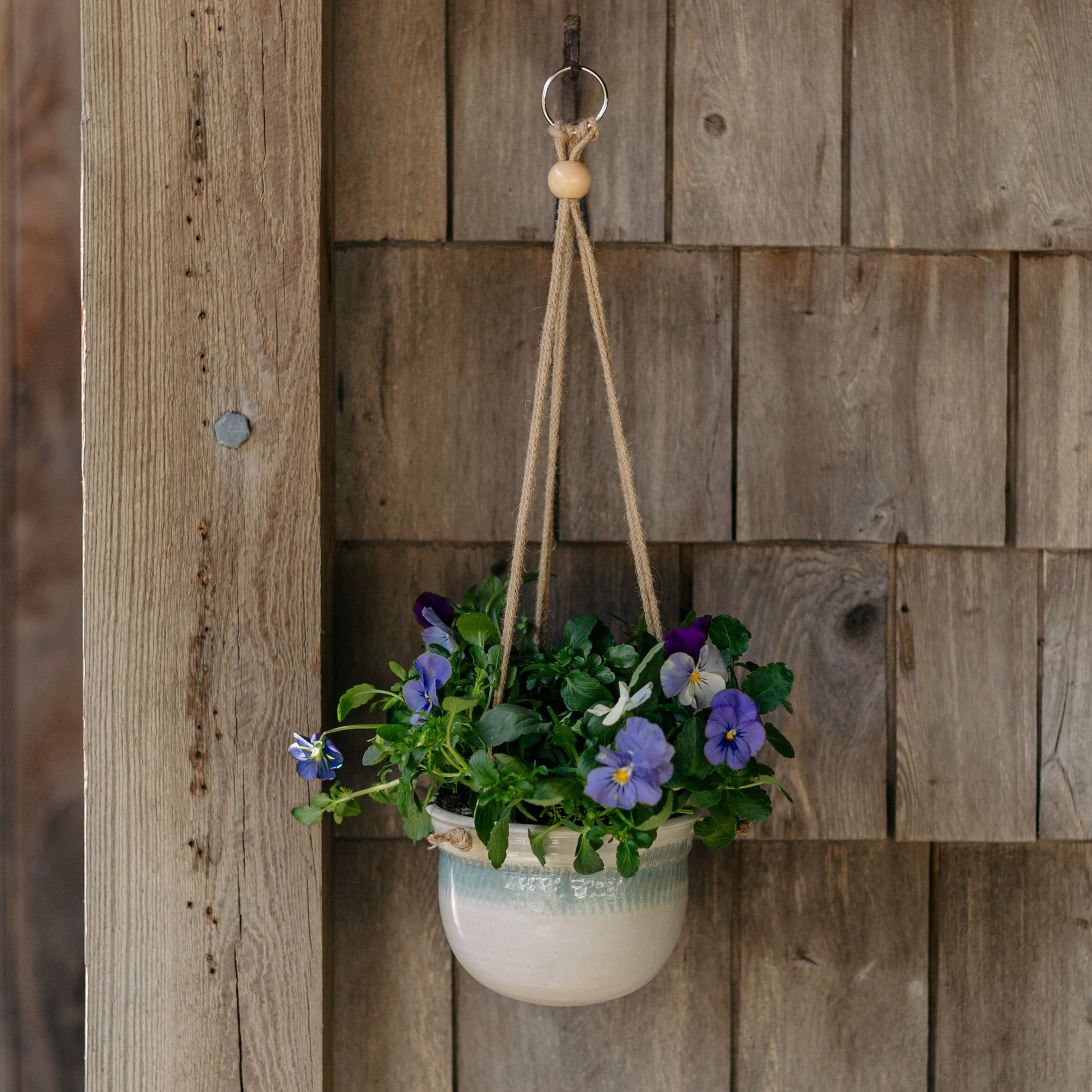hanging planter pots Round Hanging Planter handmade by Georgetown Pottery in Maine in Blue Hamada pattern