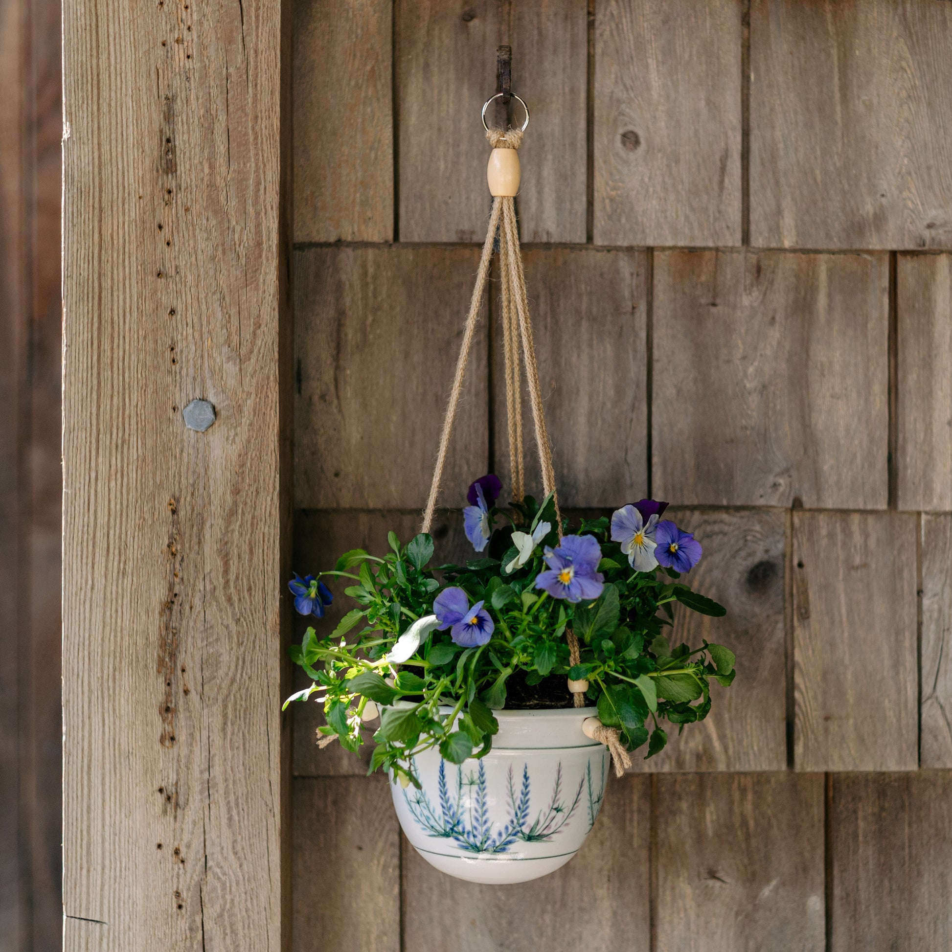 hanging pot planter Round Hanging Planter handmade by Georgetown Pottery in Maine in Blue Hamada pattern