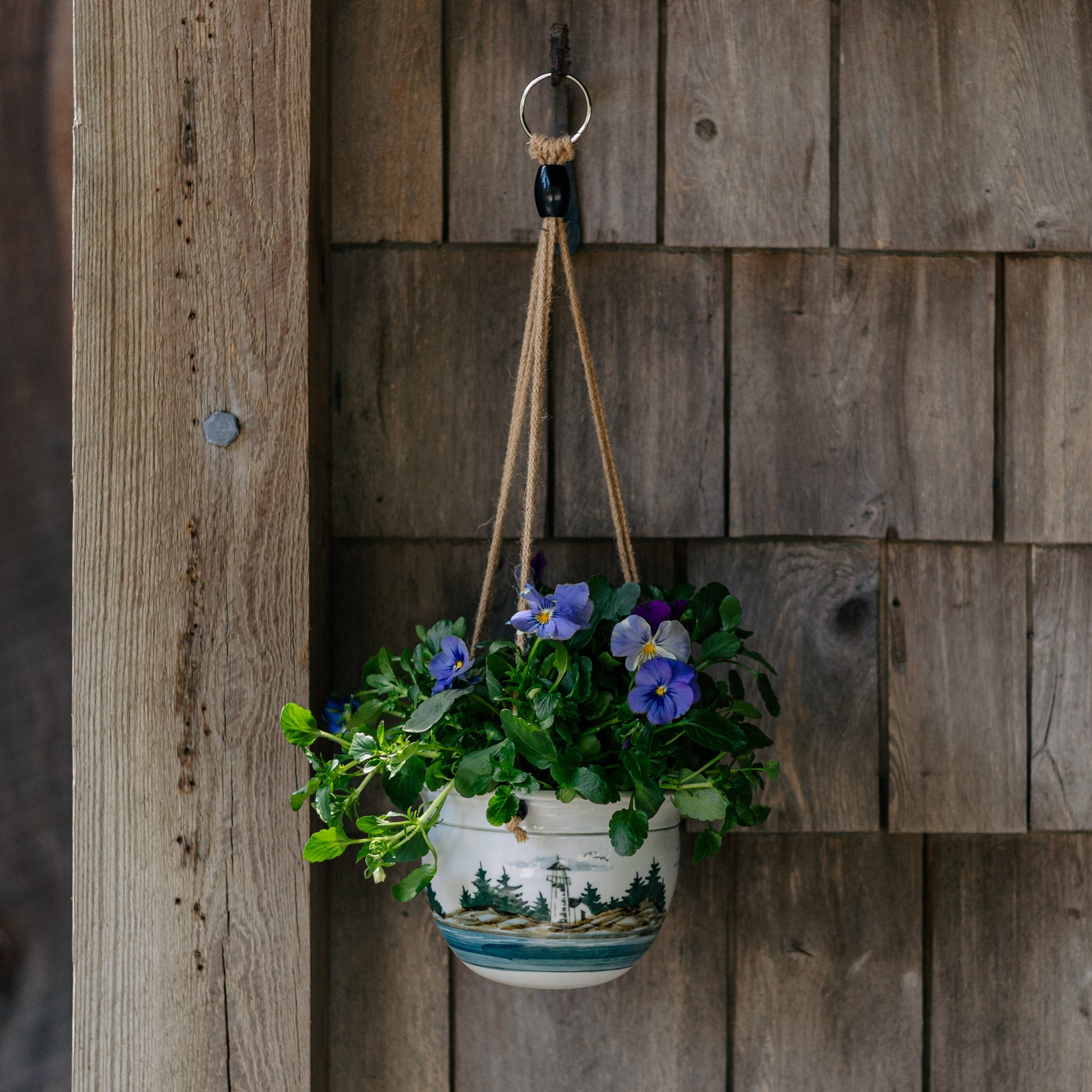 mccarty pottery hanging planter Round Hanging Planter handmade by Georgetown Pottery in Maine in Blue Hamada pattern