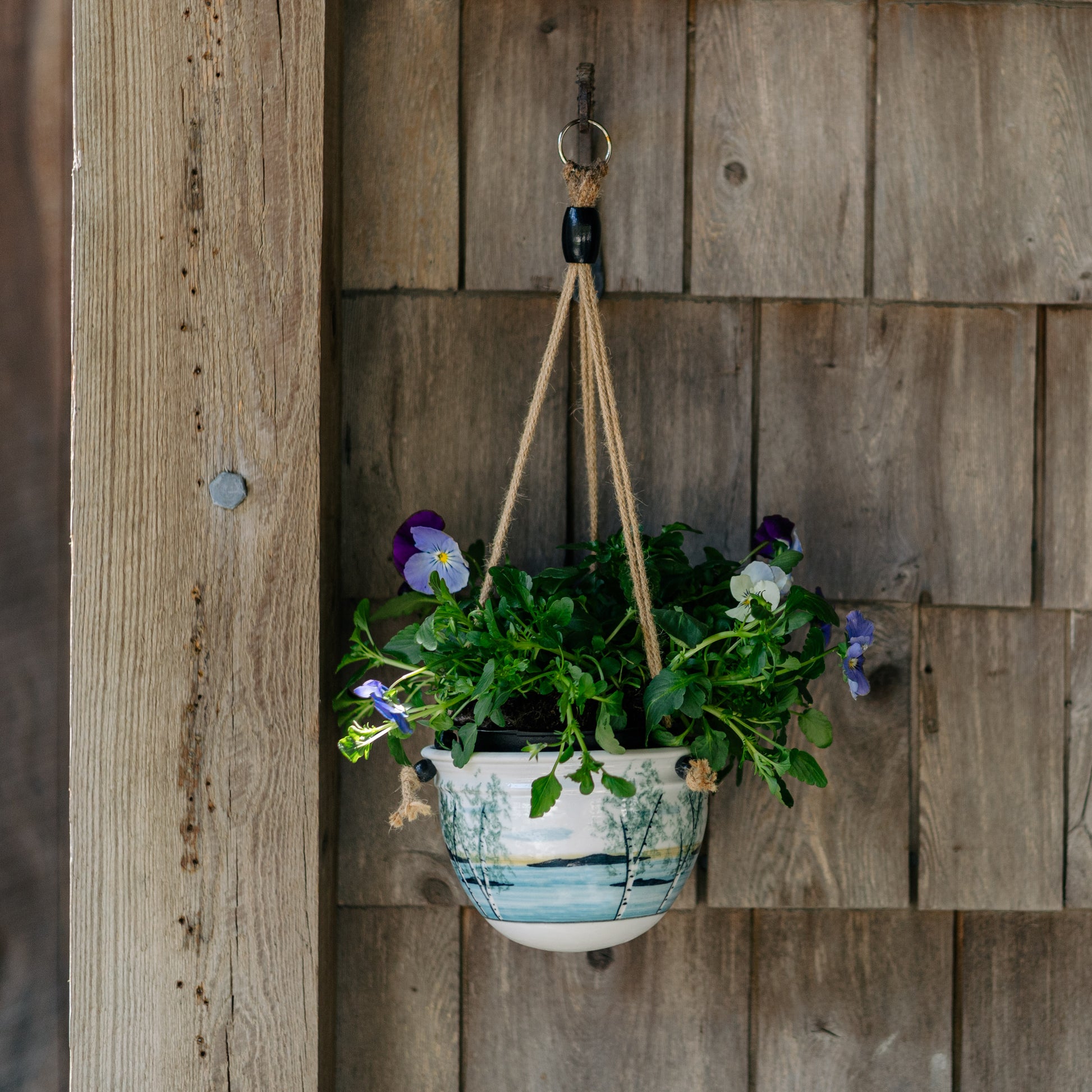 outdoor hanging pots for plants Round Hanging Planter handmade by Georgetown Pottery in Maine in Blue Hamada pattern