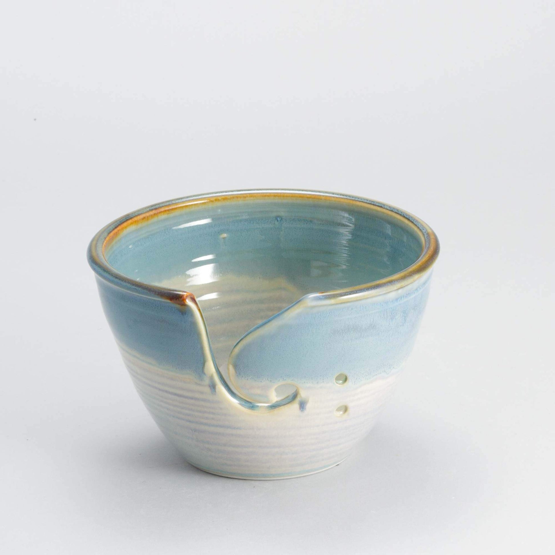 Handmade Pottery Knitting Bowl in Ivory & Blue pattern made by Georgetown Pottery in Maine