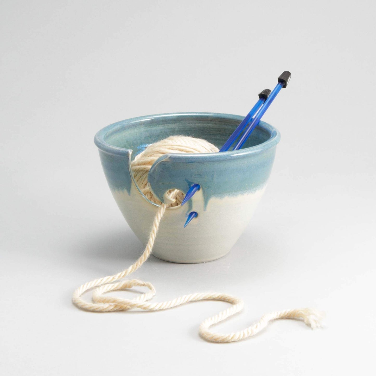 Handmade Pottery Knitting Bowl in Ivory & Blue pattern made by Georgetown Pottery in Maine