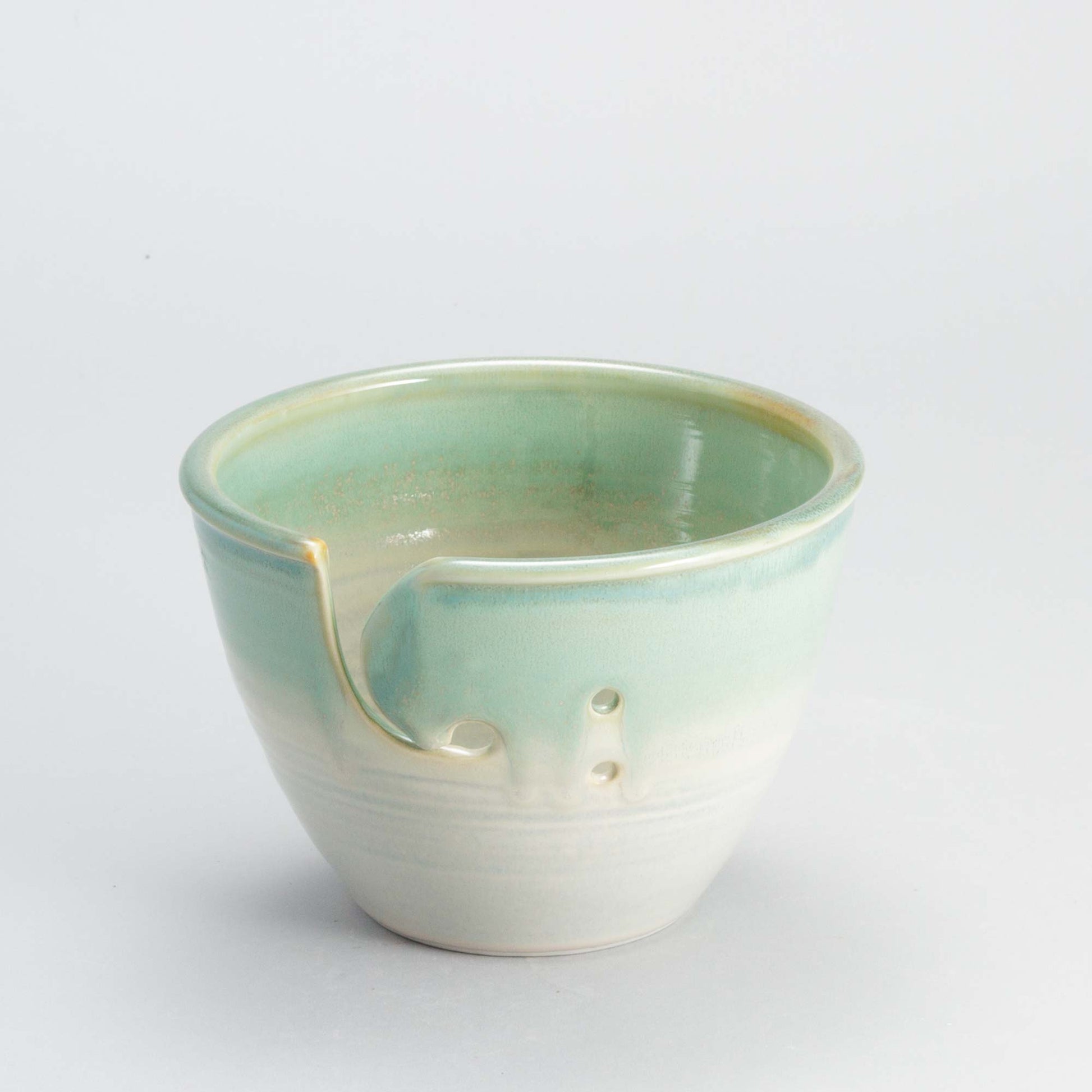 Handmade Pottery Knitting Bowl in Ivory & Green pattern made by Georgetown Pottery in Maine