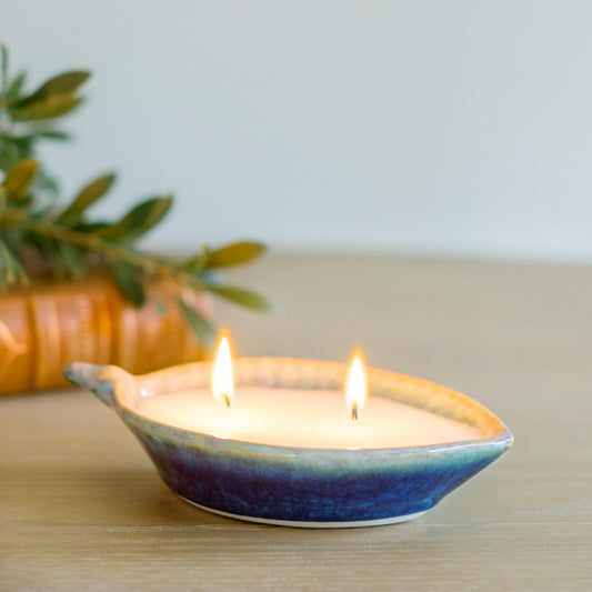 Limited Edition Leaf Dish Lilac Candle in Cobalt Glaze, by Georgetown Pottery in Maine
