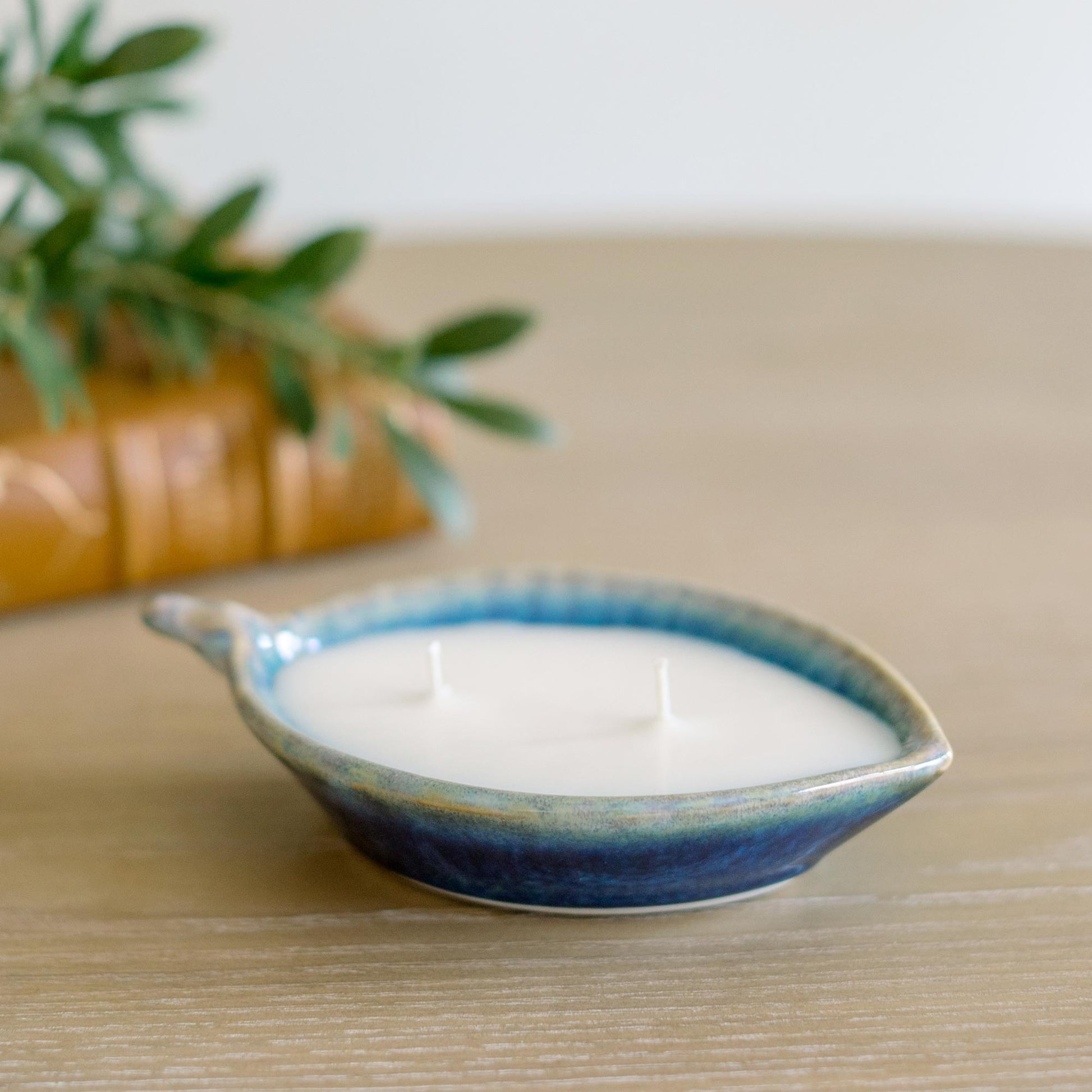 Limited Edition Leaf Dish Lilac Candle in Cobalt Glaze, by Georgetown Pottery in Maine