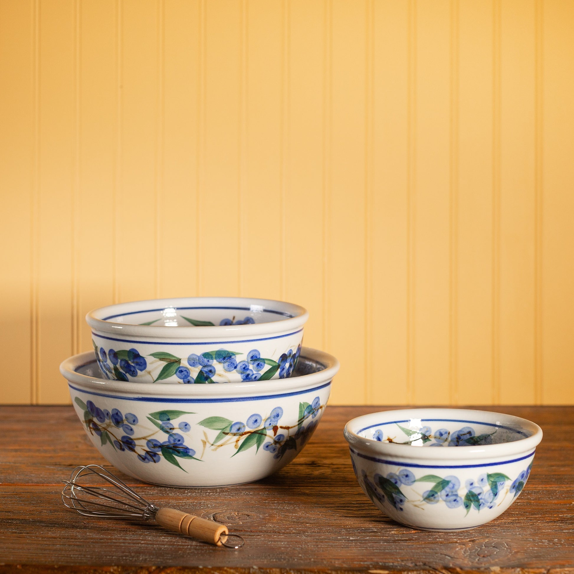 Handmade Pottery Mixing Bowl Set of 3 (6,8,10) in Blueberry pattern made by Georgetown Pottery in Maine