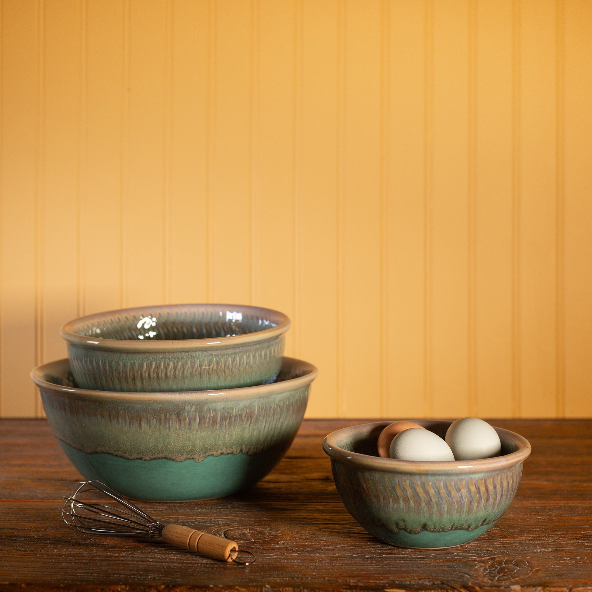 Handmade Pottery Mixing Bowl Set of 3 (6,8,10) in Green Oribe pattern made by Georgetown Pottery in Maine