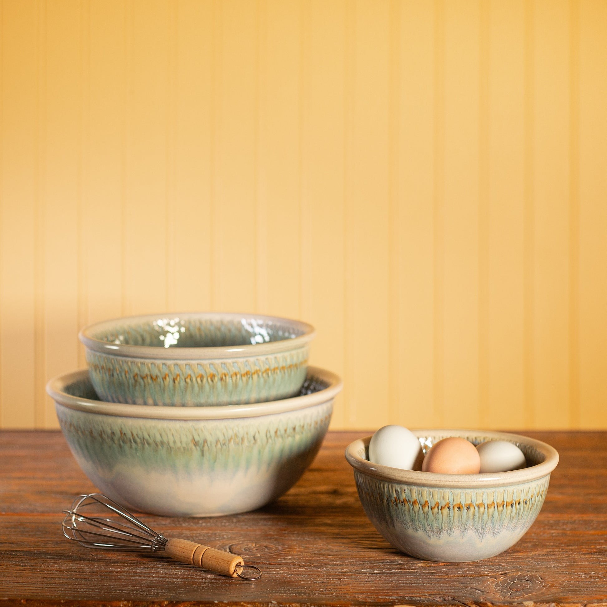 Handmade Pottery Mixing Bowl Set of 3 (6,8,10) in Ivory Green pattern made by Georgetown Pottery in Maine
