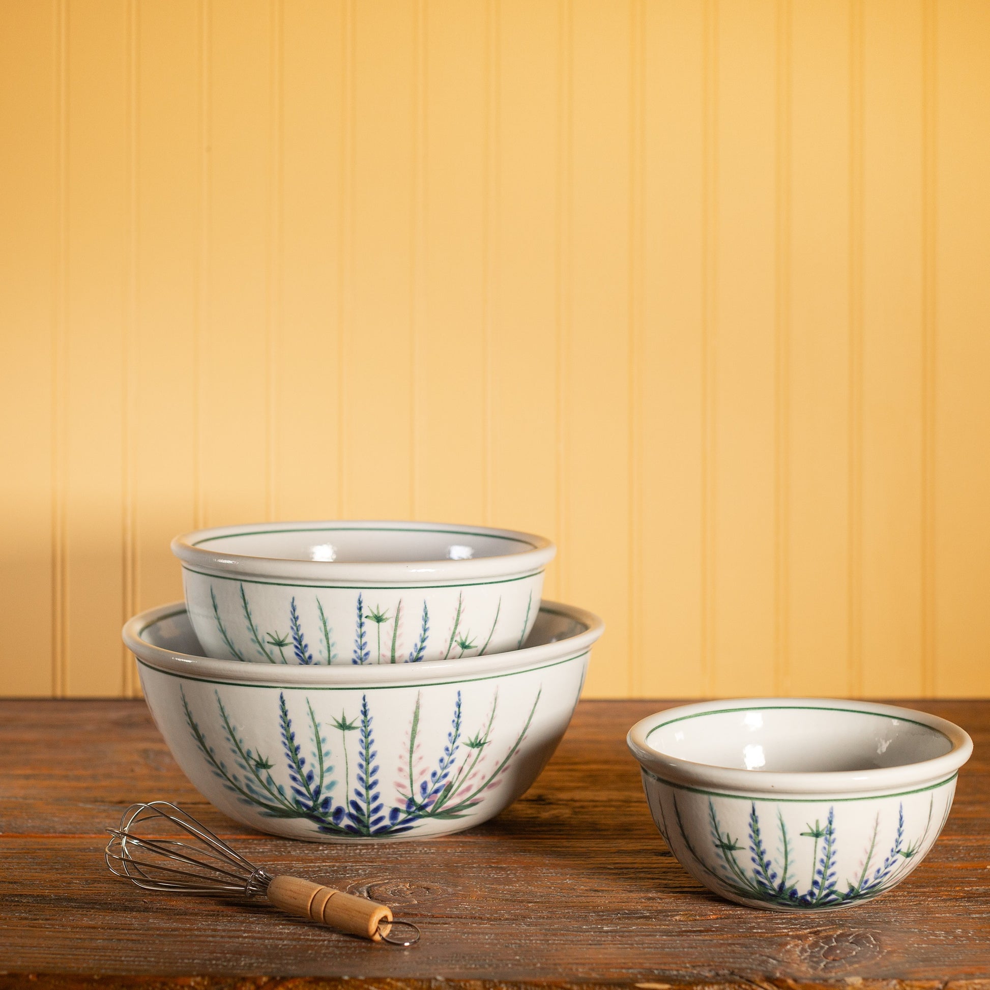 Handmade Pottery Mixing Bowl Set of 3 (6,8,10) in Lupine pattern made by Georgetown Pottery in Maine