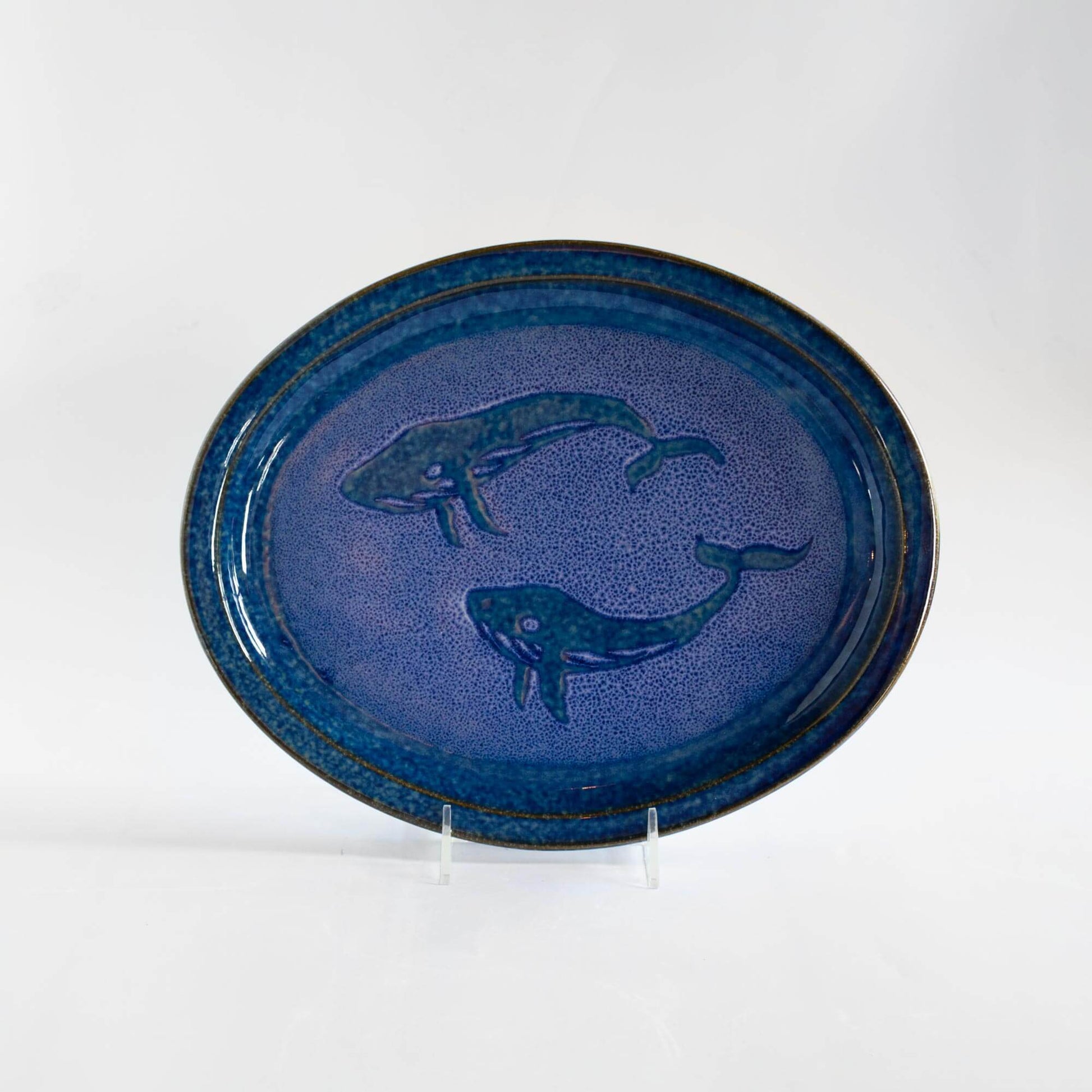 Handmade Pottery Oval Platter in Blue Whale pattern made by Georgetown Pottery in Maine