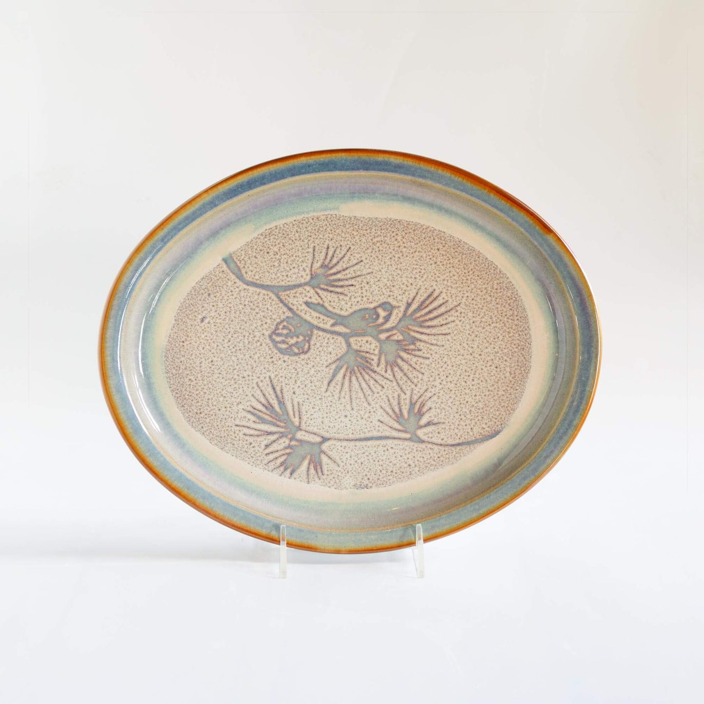 Handmade Pottery Oval Platter in Purple Chickadee pattern made by Georgetown Pottery in Maine