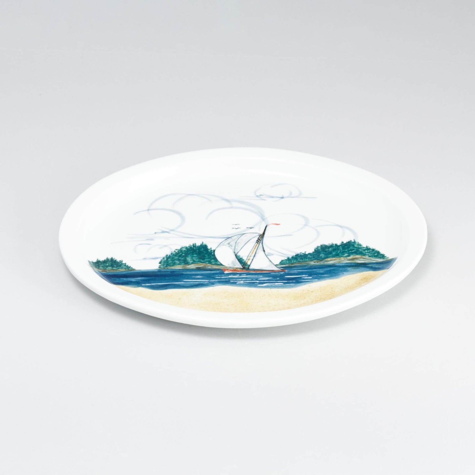 Handmade Pottery Oval Platter in Sailboat pattern made by Georgetown Pottery in Maine